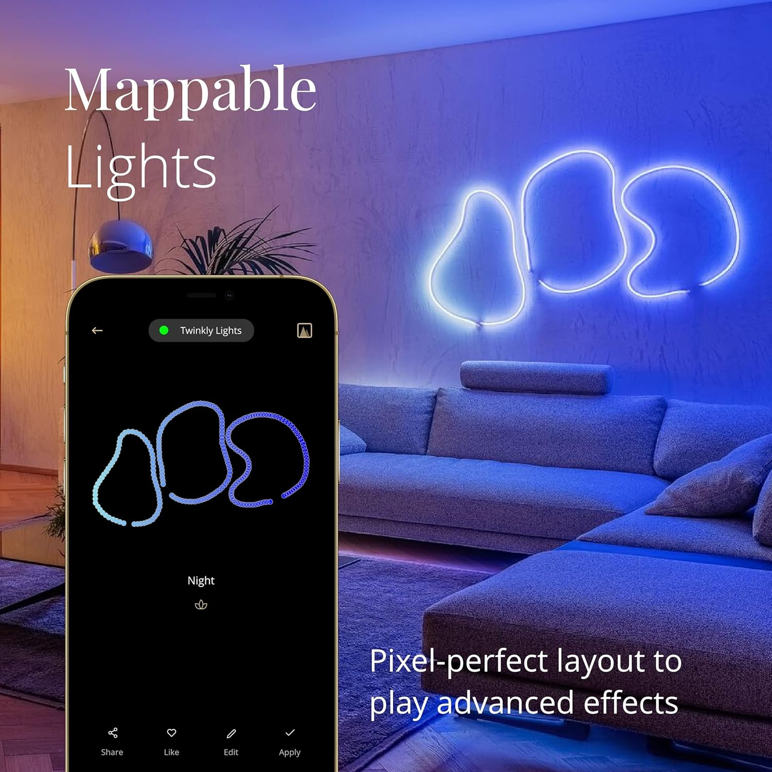 Twinkly Flex 3M, LED Tube Multicolor, RGB LED Strip Flexible, Compatible with Home Kit, Alexa and Google Home, Gaming Lights, 16 M+ Colors, USB C Power, App Control, White Wire image number 4