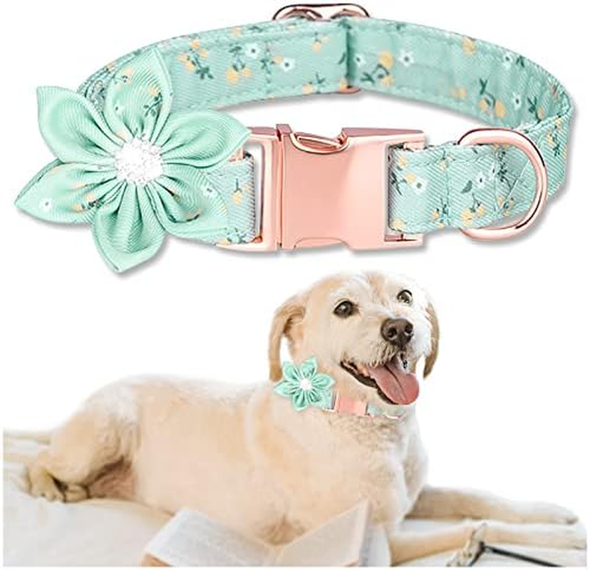 Kalevel Large Dog Collar Stylish Cat Collar Breakaway Pretty Soft Cotton with Floral Pattern Removable Flower for Rottweiler Large Dogs Green