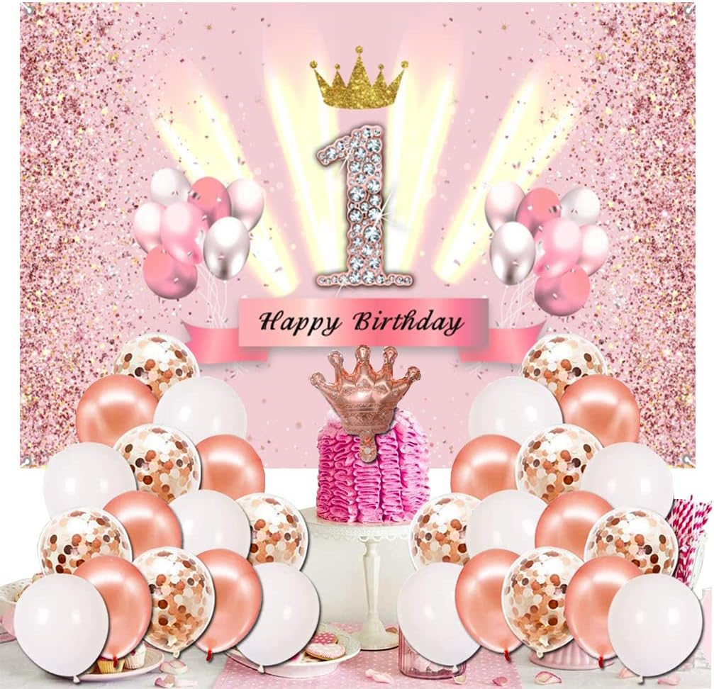 1St Birthday Decorations Party Decor for Girls Fabric Sign Poster Backdrop Banner Party Supplies Glitter Pink, 59"X35.4 image number 3