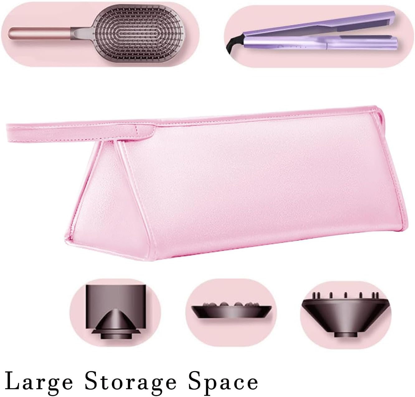 Hair Dryer Storage Bag PU Travel Case Leather Hair Dryer Bag Portable Waterproof Tool Pouch with Compartments and Loops Scratch Resistant Dustproof Shockproof Organizer (Pink) image number 2