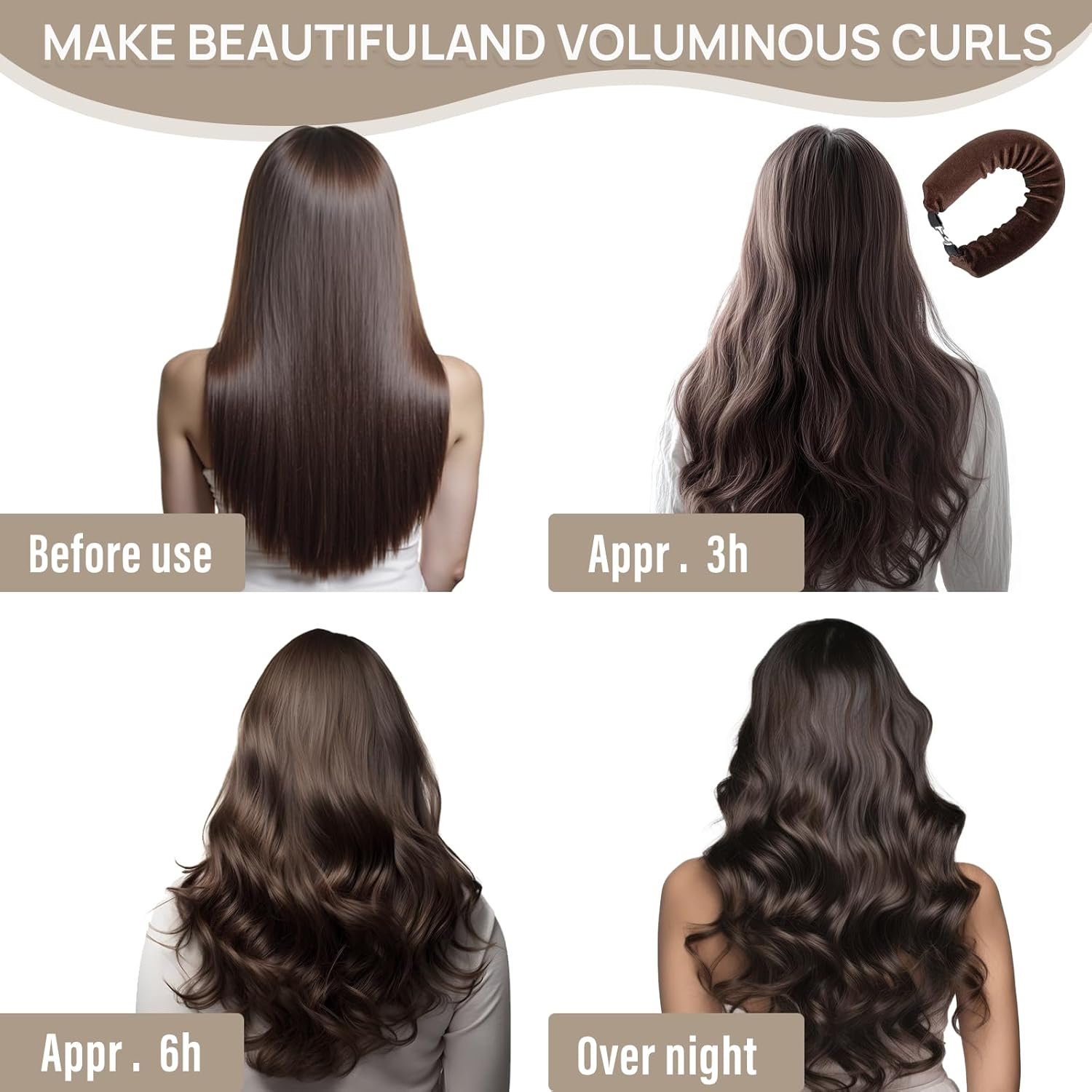 Pack of 3 Heatless Curls Band, Heat-Free Curlers, Curls without Heat, Hair Curler Hair Curling Band Curls Overnight for All Hair Types, Brown image number 1