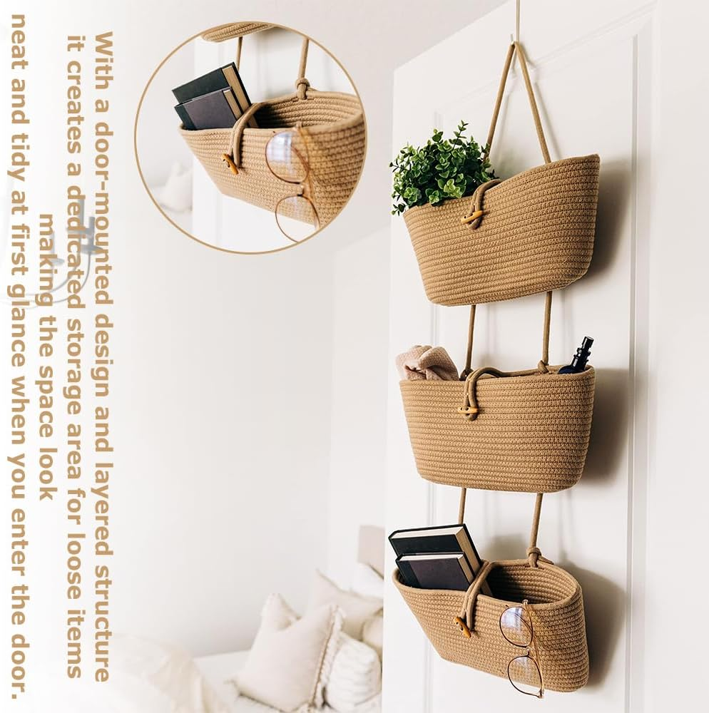 3 Tier Hanging Wall Basket with Hook/Cotton Basket,Door Hanging Basket Organizer & behind Door Wall Storage,Boho Nursery Decor for Living Room, Bathroom image number 2