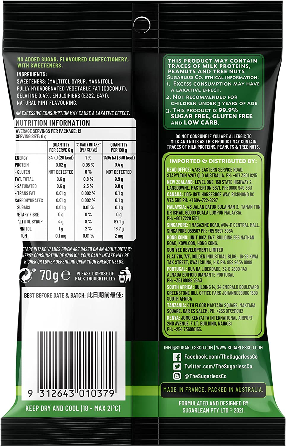 Sugarless Confectionery Nitro Mint Flavour Chews 70 G