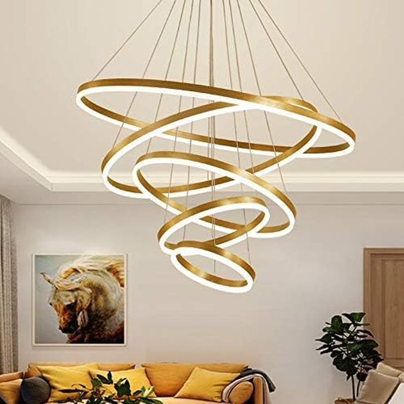 BAMDECOR Modern LED Chandelier, Dimmable Pendant Light with Remote Control Rings round Ceiling Lighting Fixture 3 Color Temperatures Contemporary Chandeliers (5 Rings-Gold)