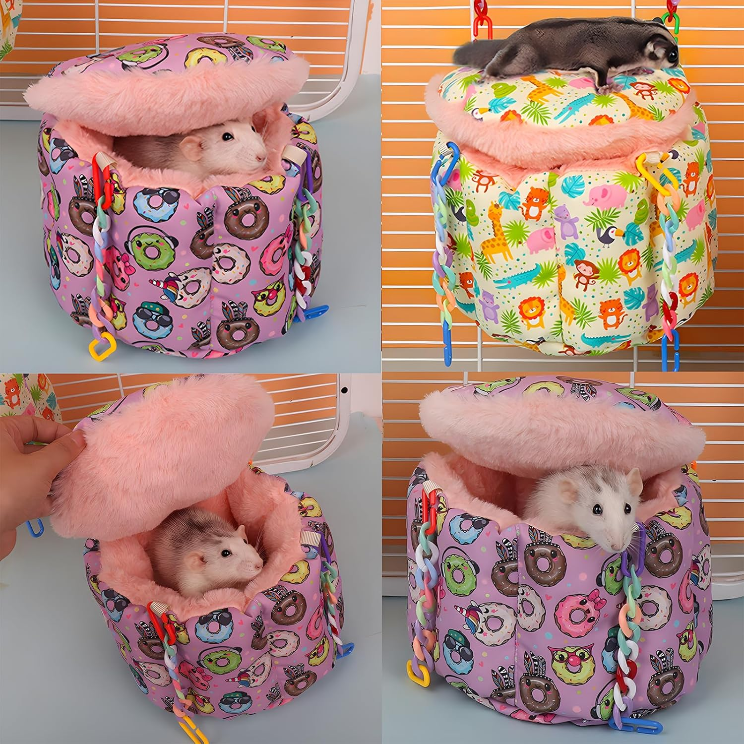 Jevnd Rat Hammock for Cage, Rat Hanging Bed, Rat Cage Accessories Warm Sleeping Nest Bed, Small Animal Cage Hammock for Rats, Mice, Sugar Glider, Squirrel - Pink image number 6