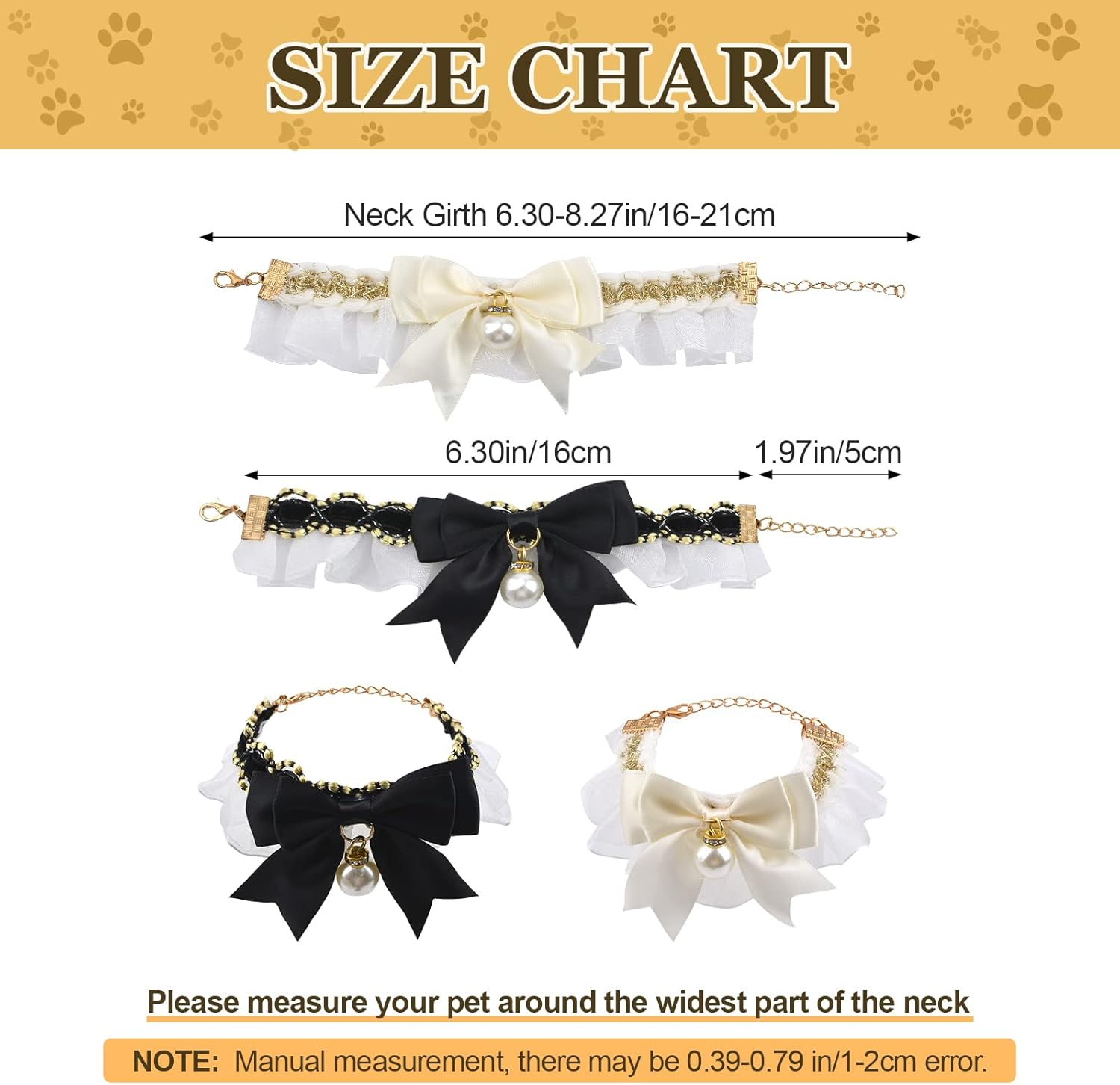 HACRAHO Pet Lace Collar, 2 Pieces Adjustable with Cute Pearl Pendant Elastic Black White Lovely Lace Collar for Cat Dog