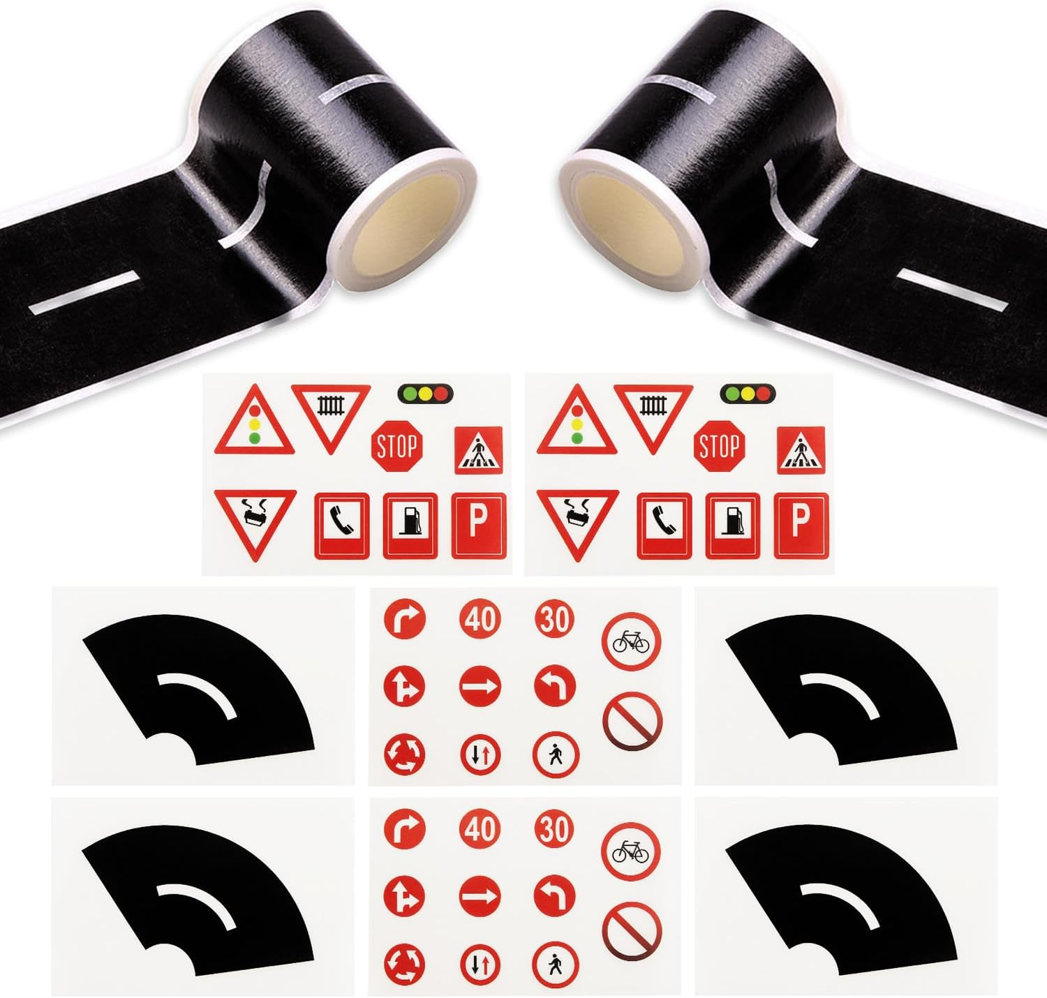 Road Railway Tape for Toy Cars Track Trains, Compatible for Preschoolers and Elementary Kids Boosts Creativity(2 Road + 4 Curves + 4 Traffic Signs) ﻿ image number 1