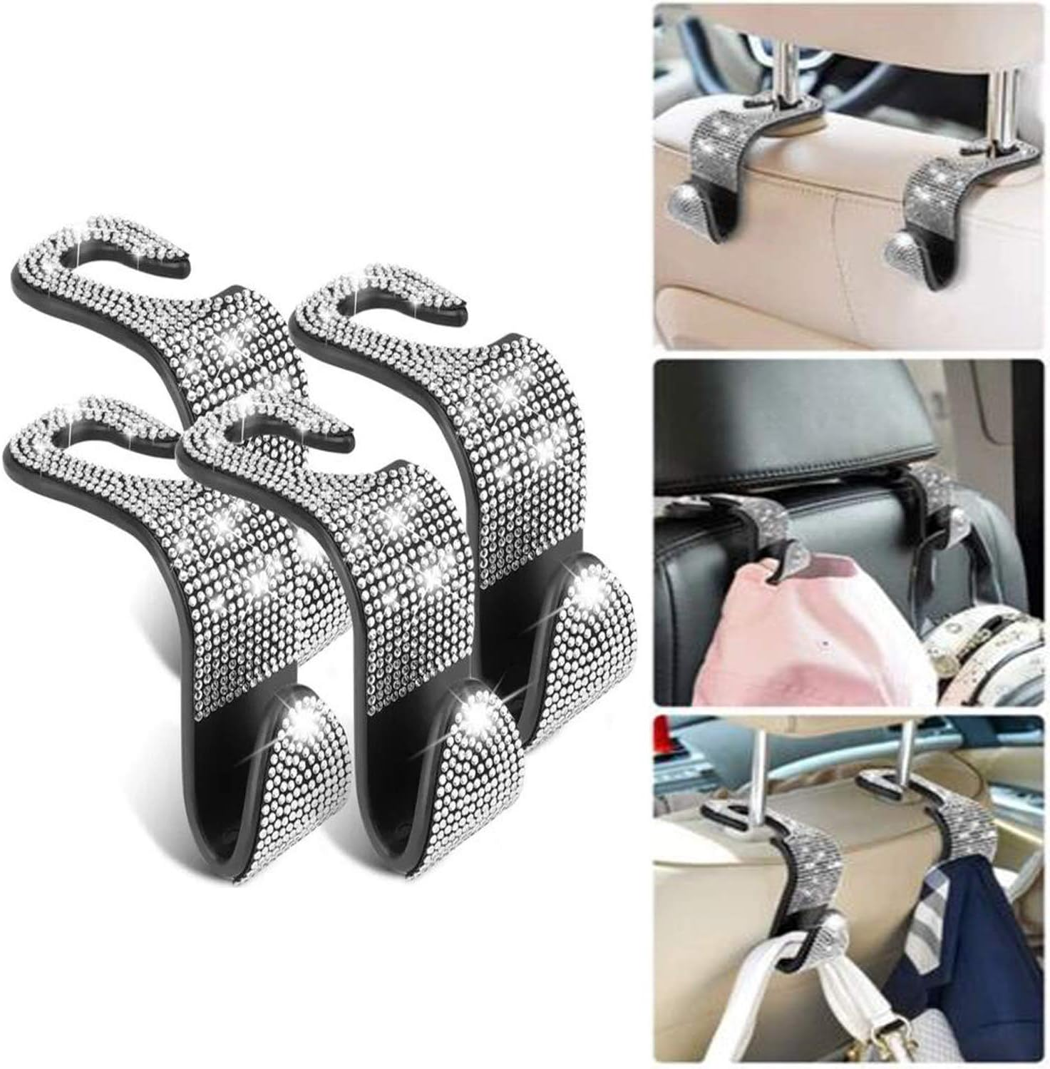 4 Car Headrest Hooks, Bling Car Seat Hanger Backseat, Bling Car Headrest Hangers, Backseat Bling Car Hooks with Rhinestone Diamond Hanger Back Seat Organizer for Vehicle. ( White Blings ) image number 3