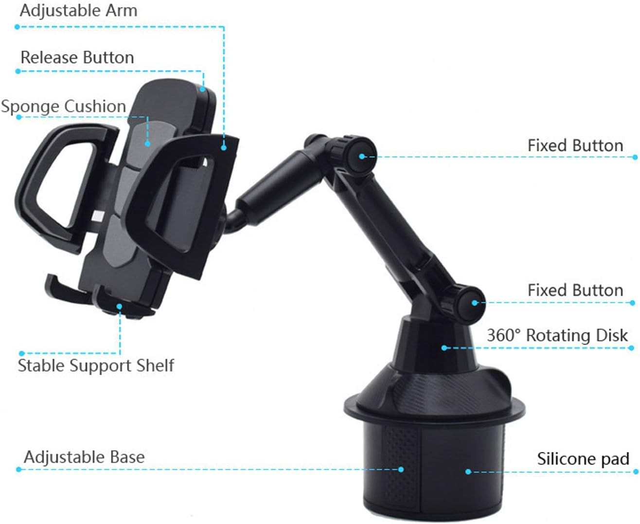 Cup Holder Phone Mount, ABS 360&deg; Rotation, Universal Cell Phone Holder for 4-7 Inch Smartphones with Long Neck, Adjustable Base for Car, Truck, Rvs, Boats, Golf Carts image number 6