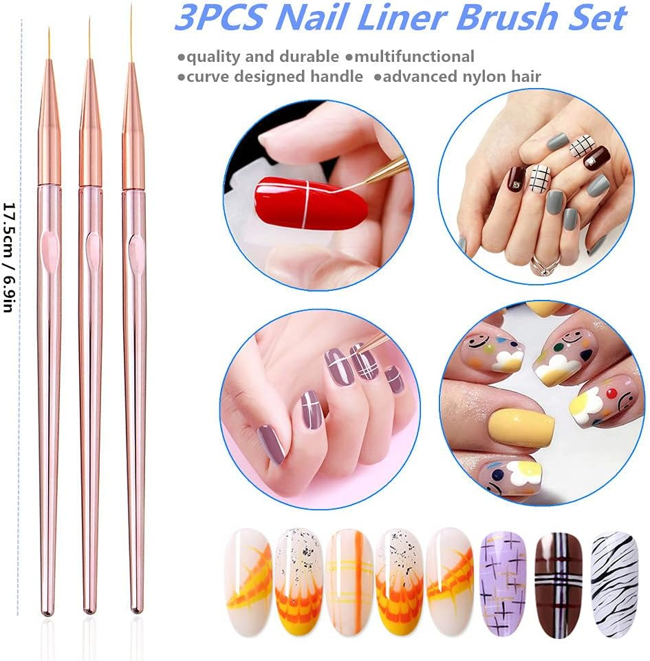 FULINJOY 3 Pcs Rose Gold Nail Art Liner Brushes Set, UV Gel Acrylic Application Nail Pens Nail Art Designs Tools(10Mm/15Mm/20Mm) image number 1