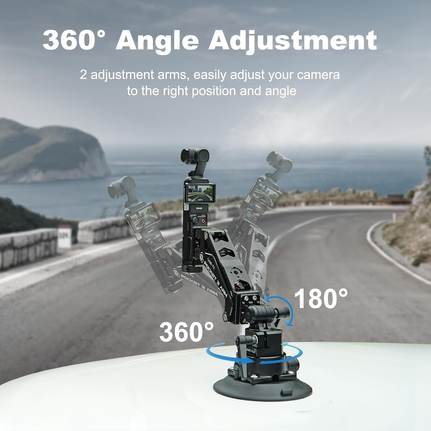 Came-Tv Camera Car Suction Cup Mount Stabilizer for DJI Osmo Pocket 3, Action Camera Car Mount Shock Absorber Arm Compatible with DJI Osmo Pocket/Gopro/Insta360/Phone 1/4" Mounting Hole PK02 image number 1