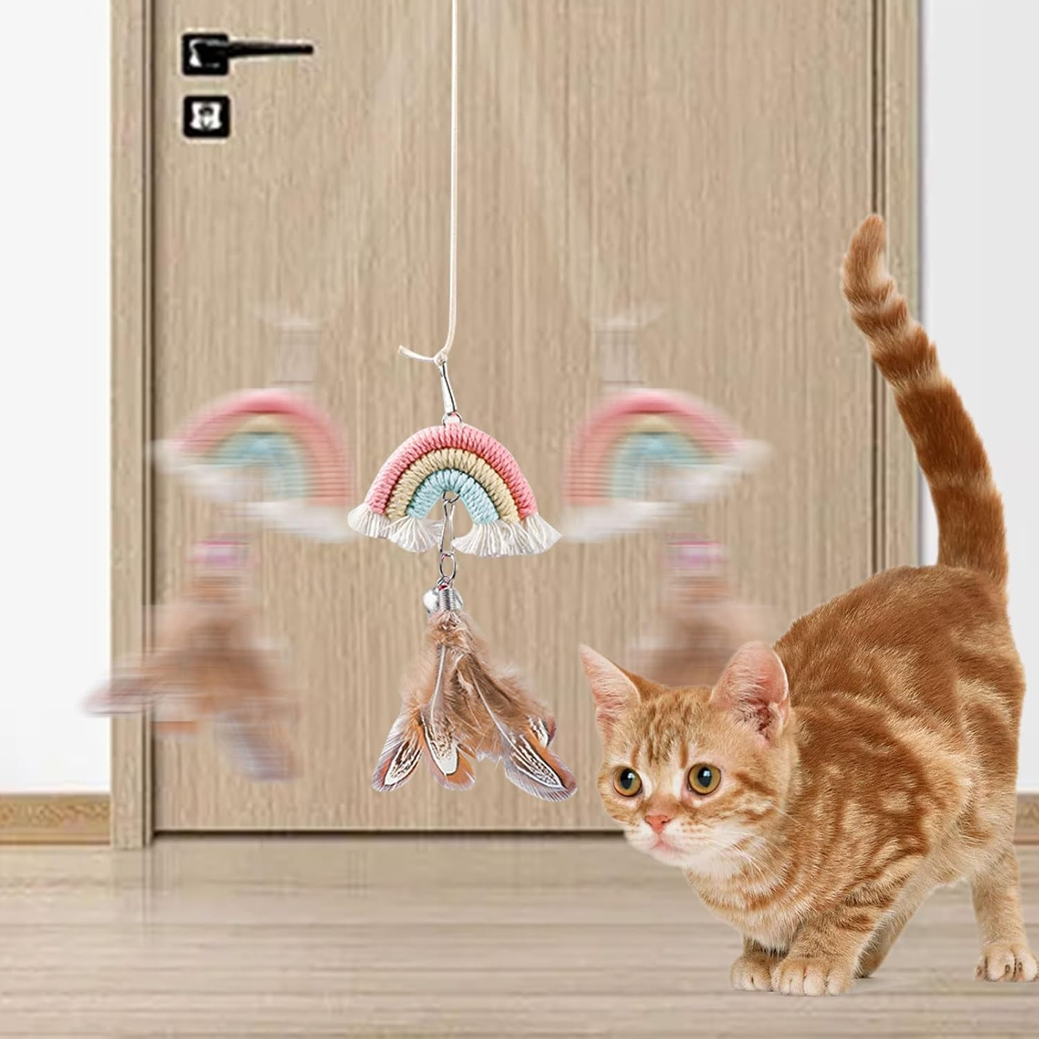 Luckyopt Interactive Cat Toy, Plush Cat Toy with Feather and Colourful Ornament Rainbow, 0.78 Inch Feather Toy for Cat Game and Killing Time (Green) image number 1