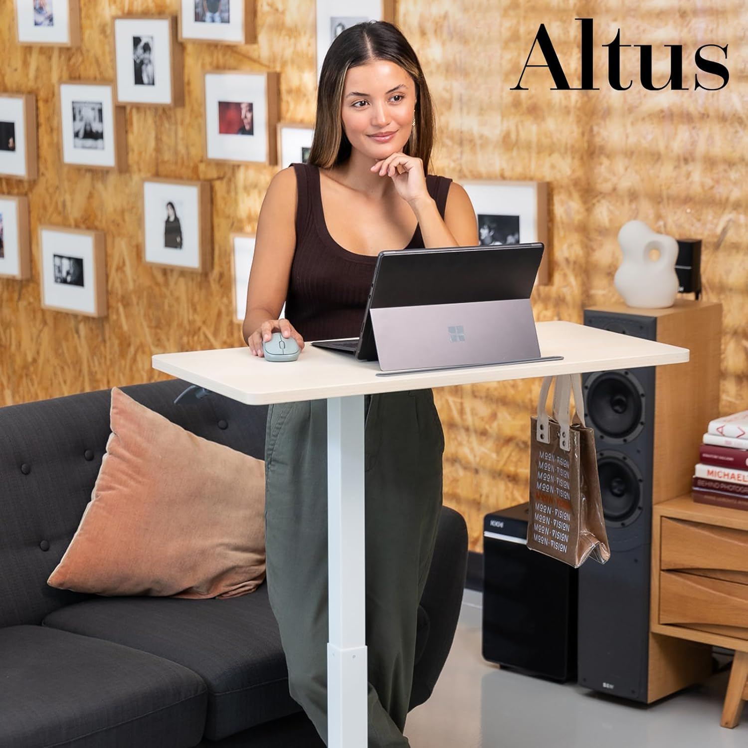 Altus Height Adjustable Portable Desk with Wheels Pneumatic over Bedside Table Timber image number 4
