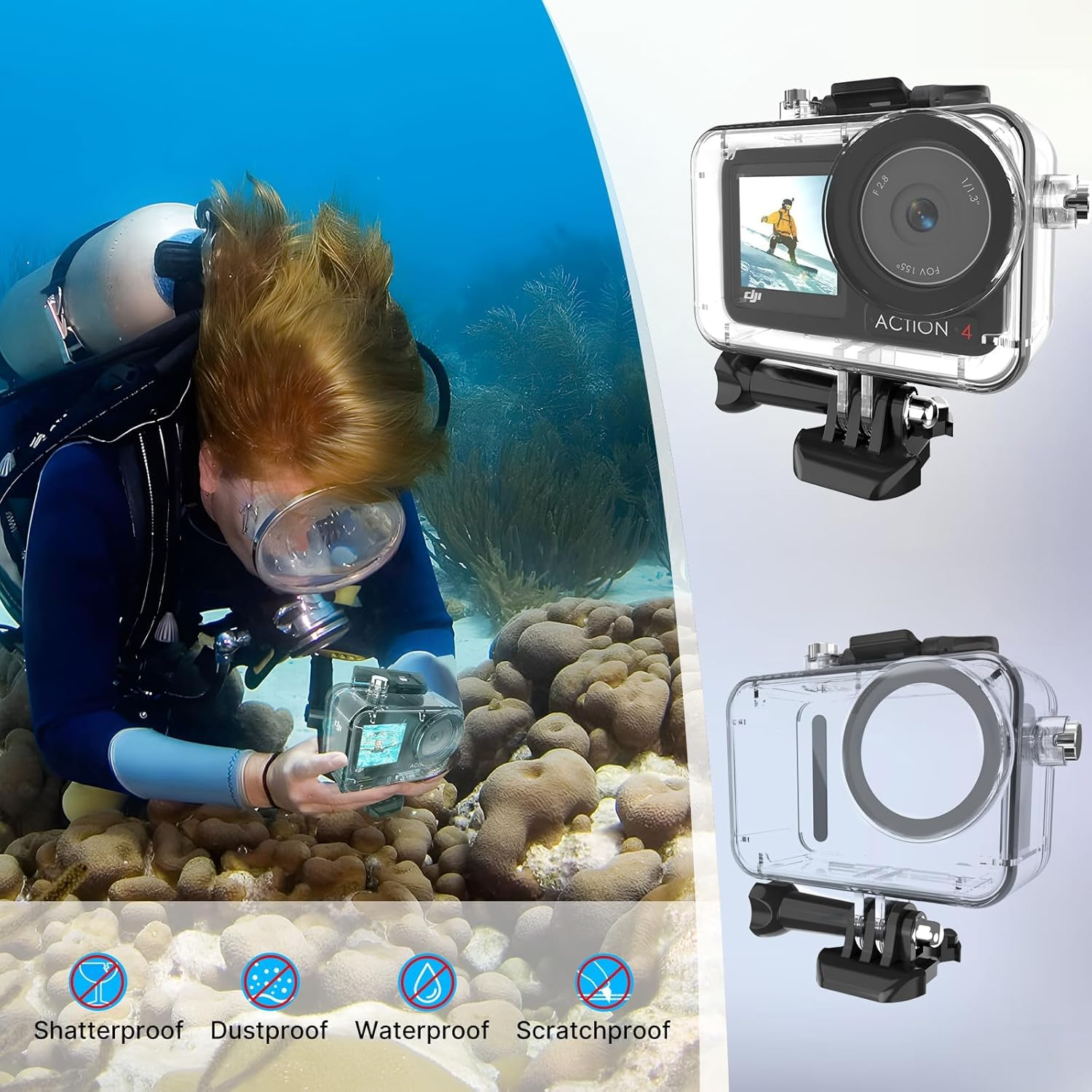 Waterproof Housing Case for DJI Osmo Action 5PRO, Underwater Housing Shell for DJI Action 4/ Action 3 Action, 60M/196FT Protective Underwater Dive Housing Case Shell with Bracket Accessories image number 2