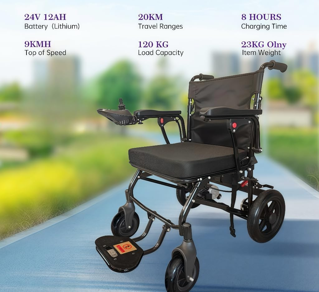 Electric Wheelchair - Powered Lightweight Foldable - Geezcare Motorized for Adult Seniors, 500W Power - 23Kg Weight with Battery - Airline (MSDS) and Cruise Approval with Aluminium Frame, Detachable Battery & Liftable Armrest - Thick Cushion Seats-Compact Comfort in Purple & Black (Black)
