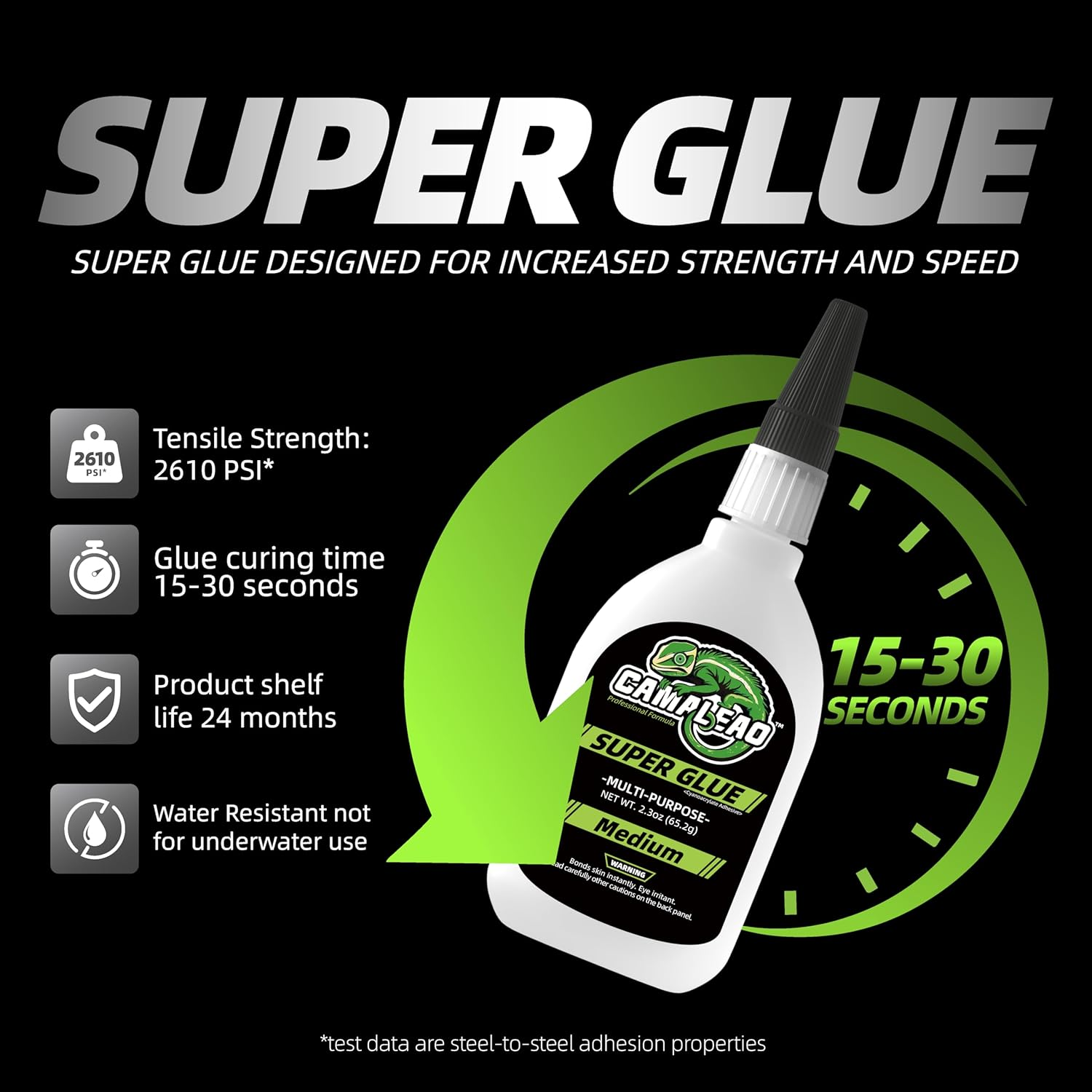 CAMALEAO Medium Super Glue, 2.3 Oz Muti-Purpose Cyanoacrylate (CA) Glue, Extra Caps and Microtips, 2610 PSI High Strength Instant Adhesive for Ceramic, Glass, DIY Craft, 3D Printing (PLA, ABS, PETG)