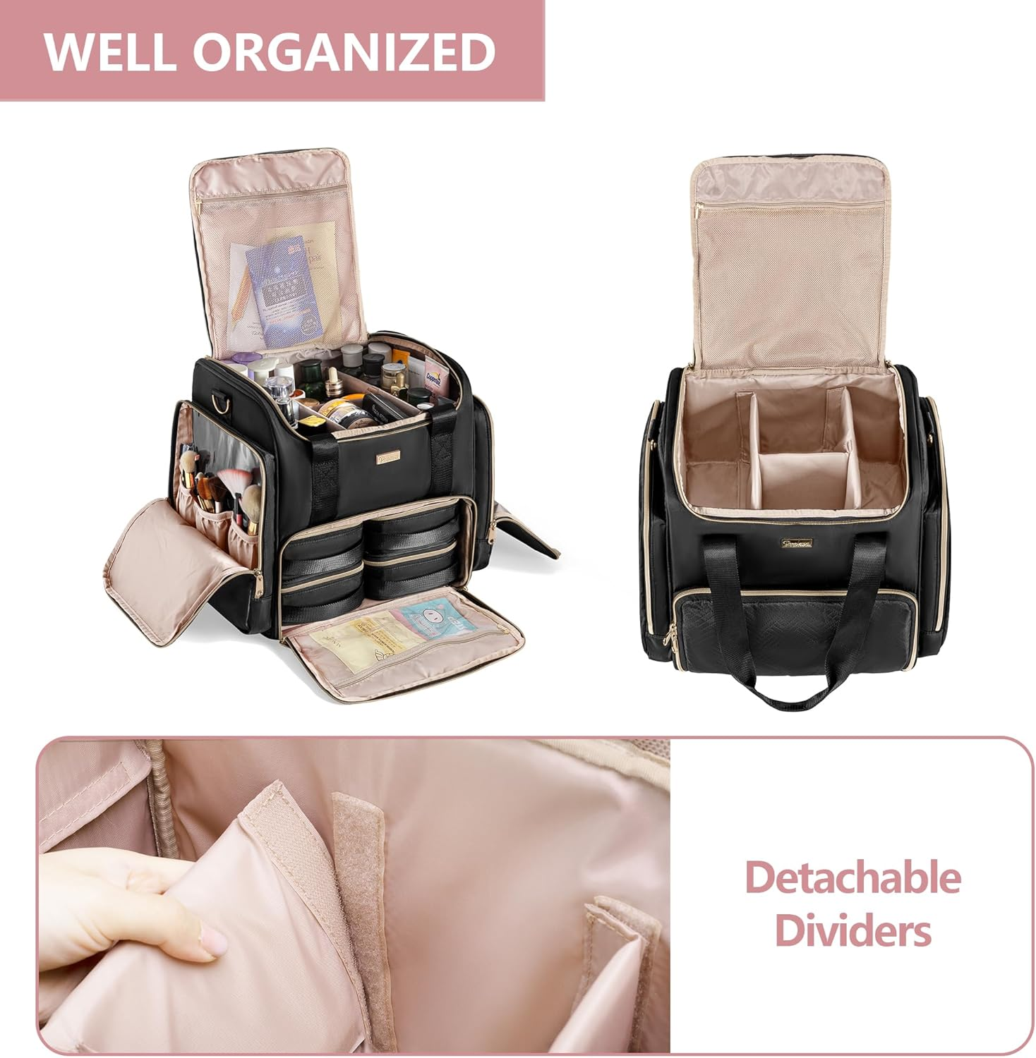 Prokva Rolling Makeup Case with 4 Removable Bags, Professional Makeup Train Case with Wheels, Makeup Artist Travel Bag with Brushes Storage Section (Patent Design), Black, Detachable Trolly Makeup - Pink image number 4