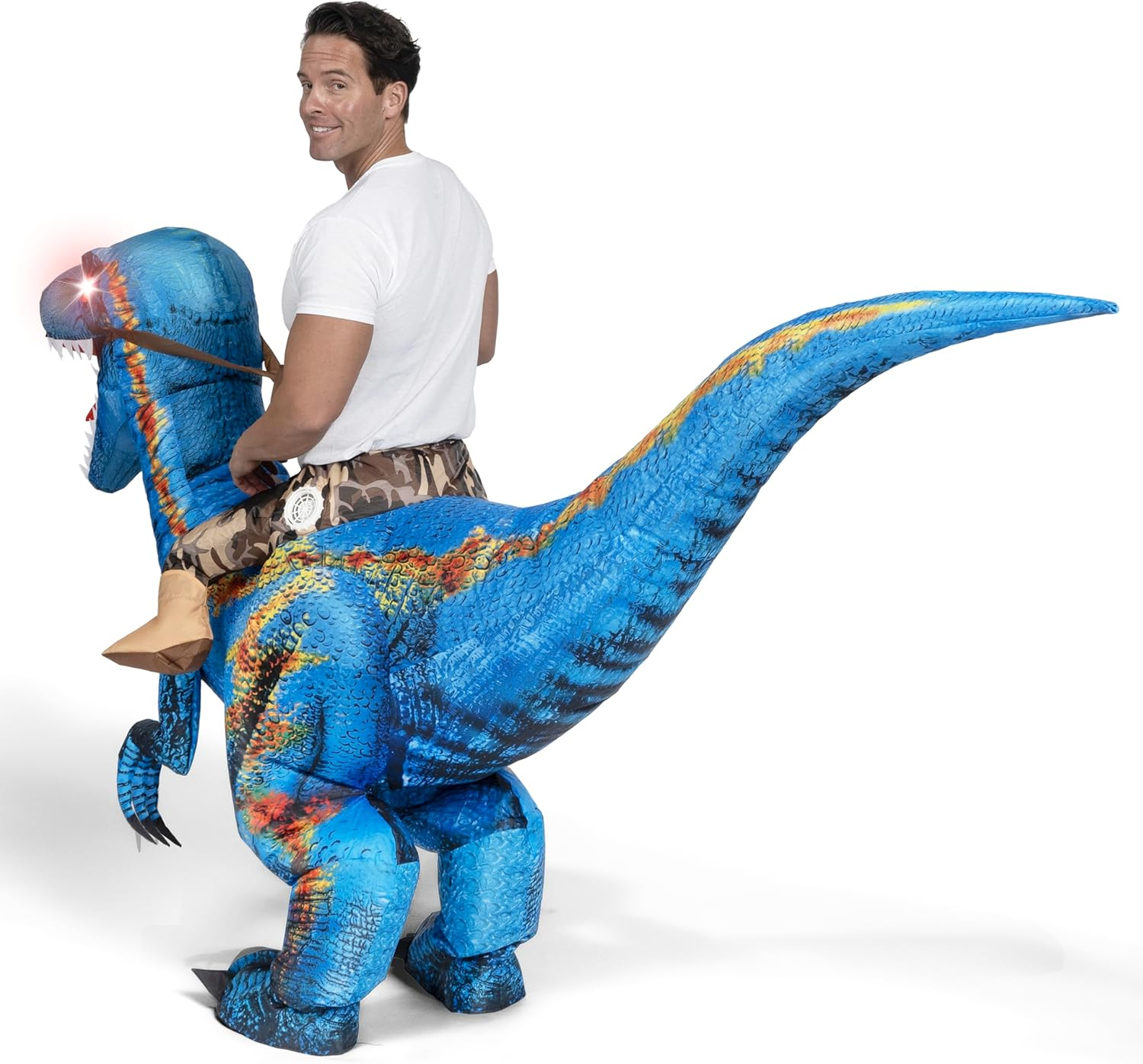 Spooktacular Creations Adult Inflatable Dinosaur Costume, Riding a Raptor Digital Printing Blow-Up with LED Light Eyes - Blue image number 5