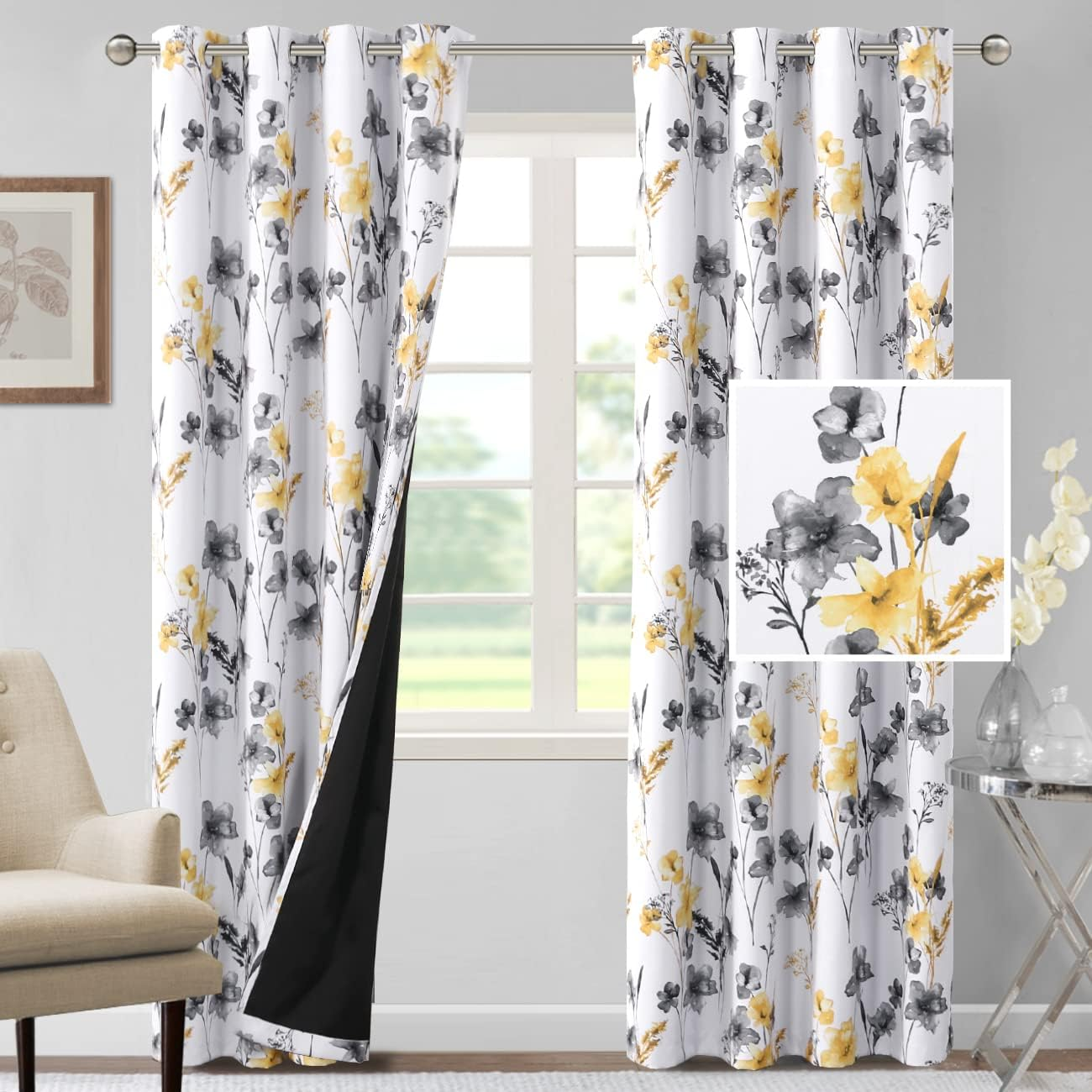 Princedeco 100% Blackout Curtains 2 Panels Set Cattleya Floral Printed Drapes Leah Floral Thermal Curtains for Bedroom with Black Liner Sound Proof Curtains,Grey and Yellow W132Cm X D213Cm