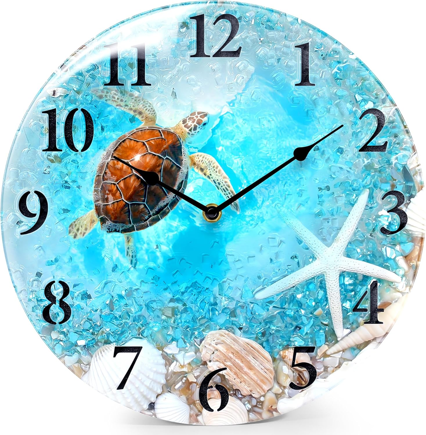 Coastal Nautical Glass Wall Clock with Seashell Design and Aesthetic Beach Theme - Battery Operated Silent Wall Decor for Home, Kitchen, Living Room, Office, Bedroom, or Bathroom (14 Inch,Teal)