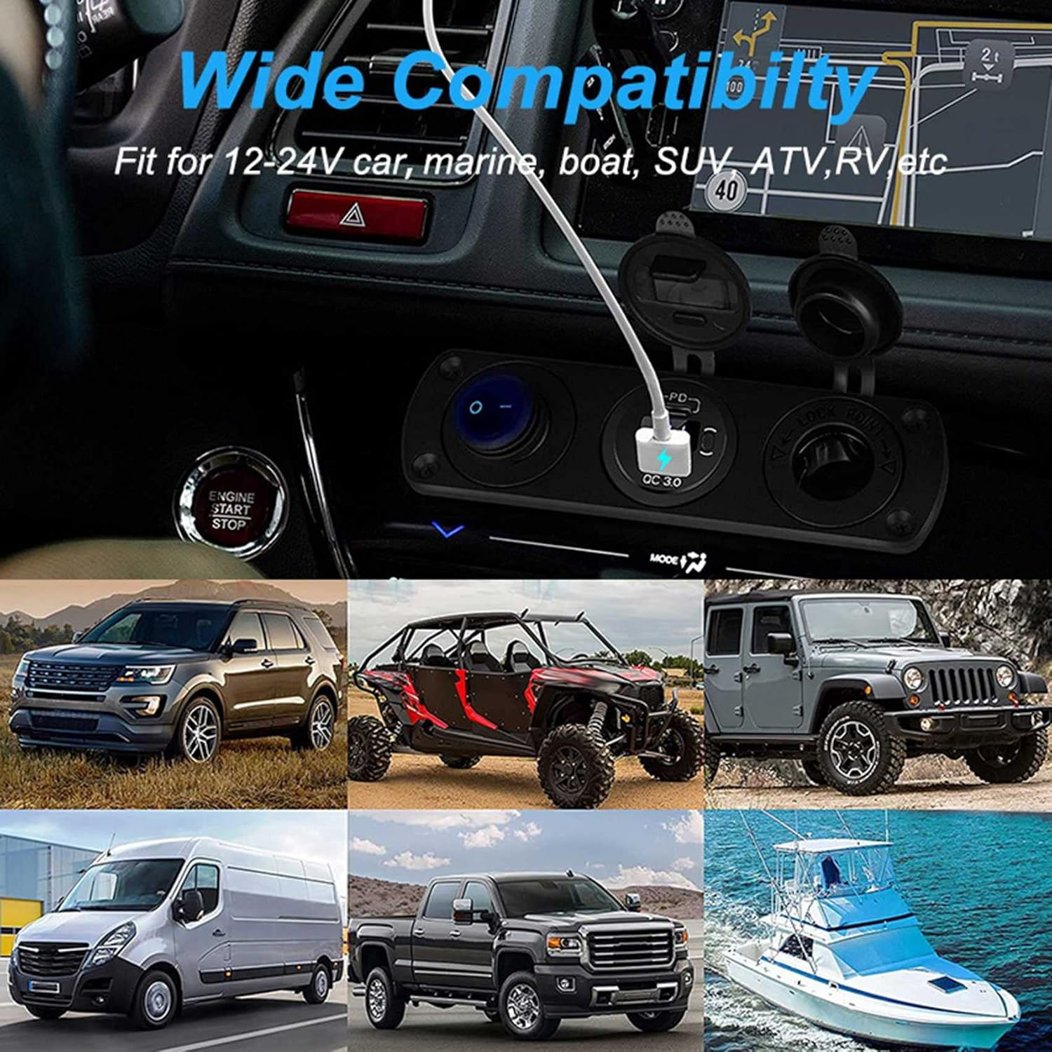 Lighter Socket 12V/24V with Rocker Toggle Switch PD&QC3.0 USB C Outlet with LED Voltmeter Waterproof for Car Boat A image number 3