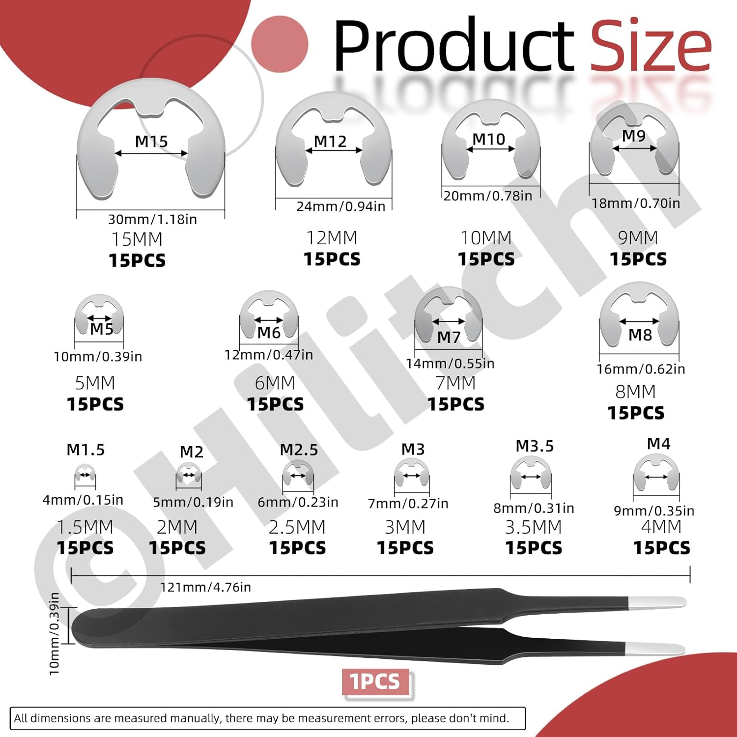 Hilitchi 211Pcs 14 Sizes 304 Stainless Steel E Clip Assortment Kit External Retaining Ring Snap Ring E-Clip Circlip Split Ring with Tweezer for Machine Shaft Electrical Automobiles image number 2