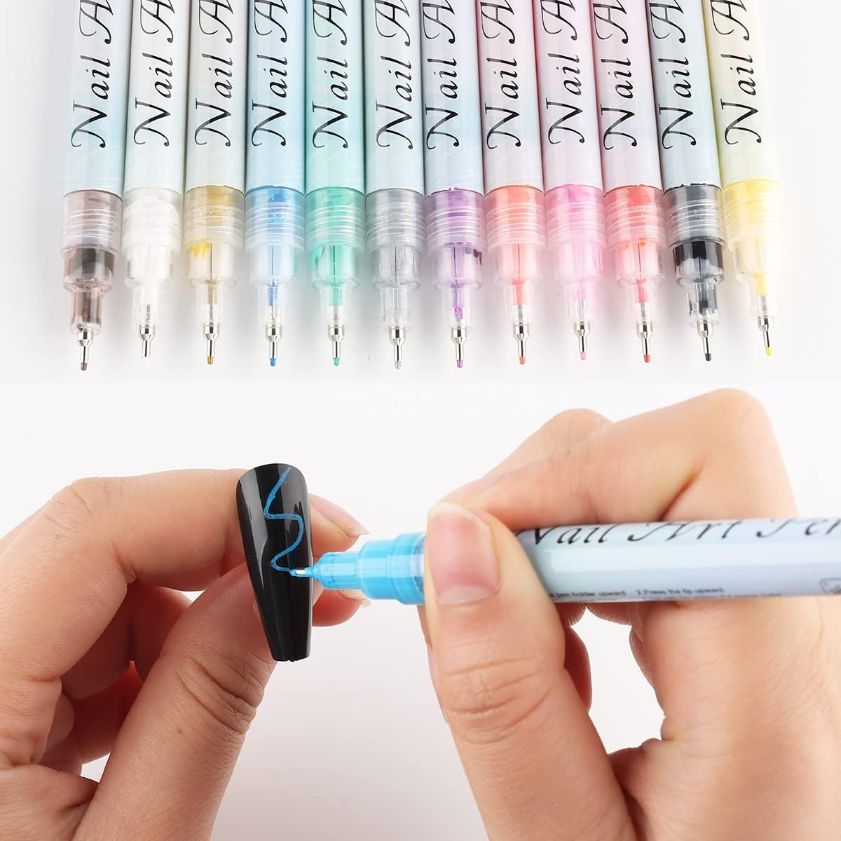 Nail Art Graffiti Pen Set 12Pcs Waterproof Painting Marker Pen Black White Drawing Gel Liners Quick Dry Dotting Pen Nails Professional Material for Manicure - 12Pcs-Set image number 5