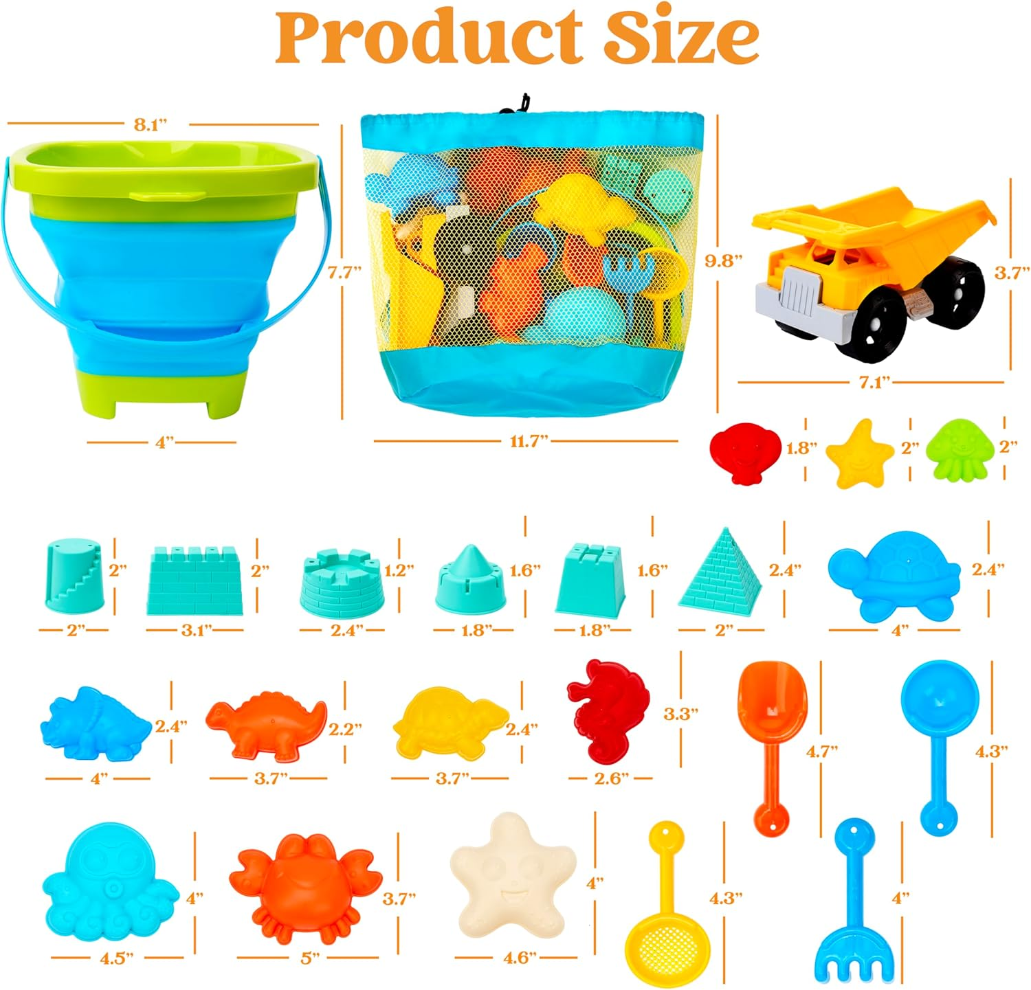 Sloosh Beach Sand Toys Set - Dump Truck Car Toy with Sand Molds for Toddlers Outdoor Play, Collapsible Foldable Buckets Mesh Bag Shovels Castle Animal Mold Sets, Kids Ages Sandbox Toys (Animals) image number 2