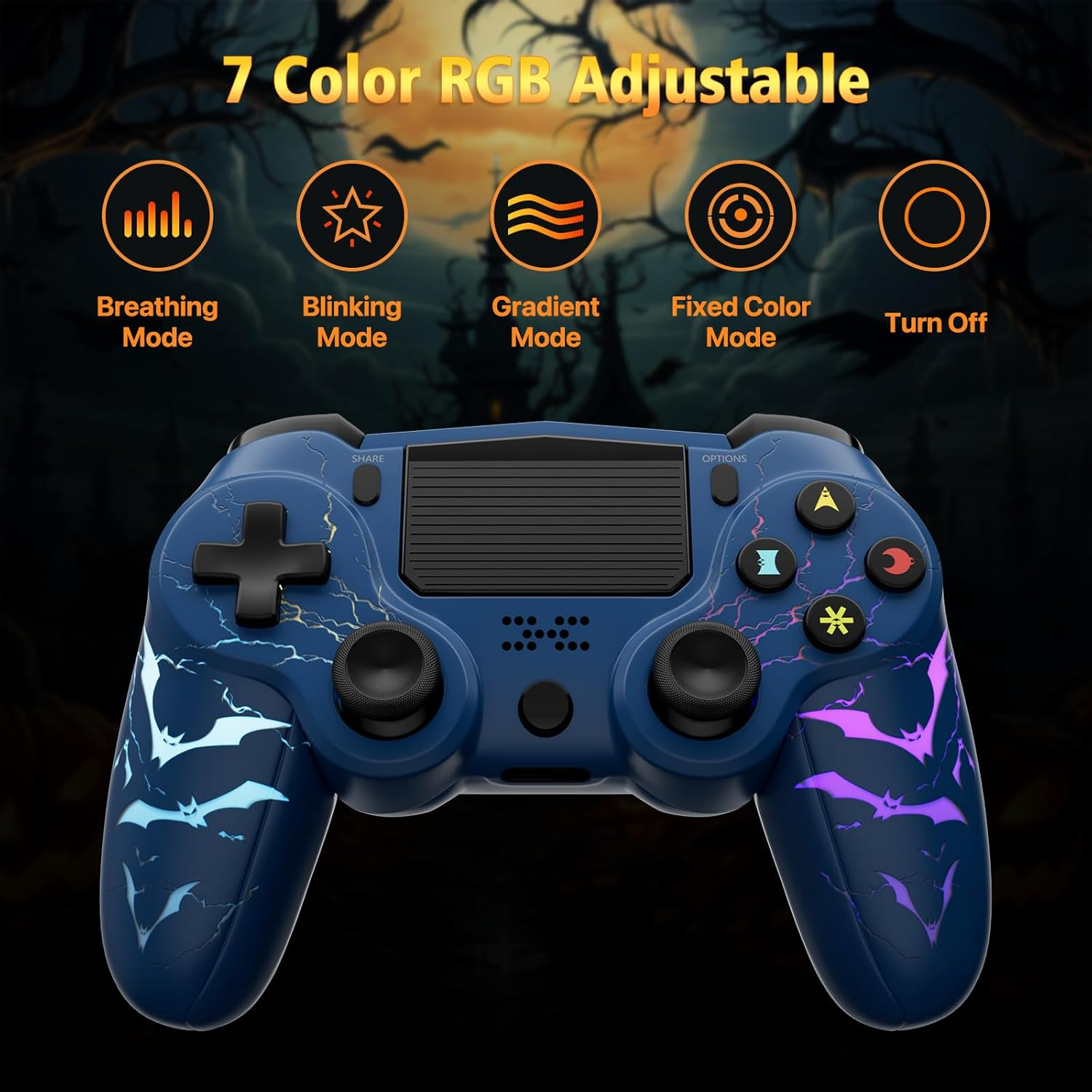 Wireless Controller for PS4, LED Controller for Playstation 4 with 5 Light Modes/Usb-C Charging Port/Touchpad/Dual Motors/6-Axis Gyro/3.5Mm Audio Jack, Bats-Shape Light Design Game Control for Ps4(Blue) - Colorful image number 6