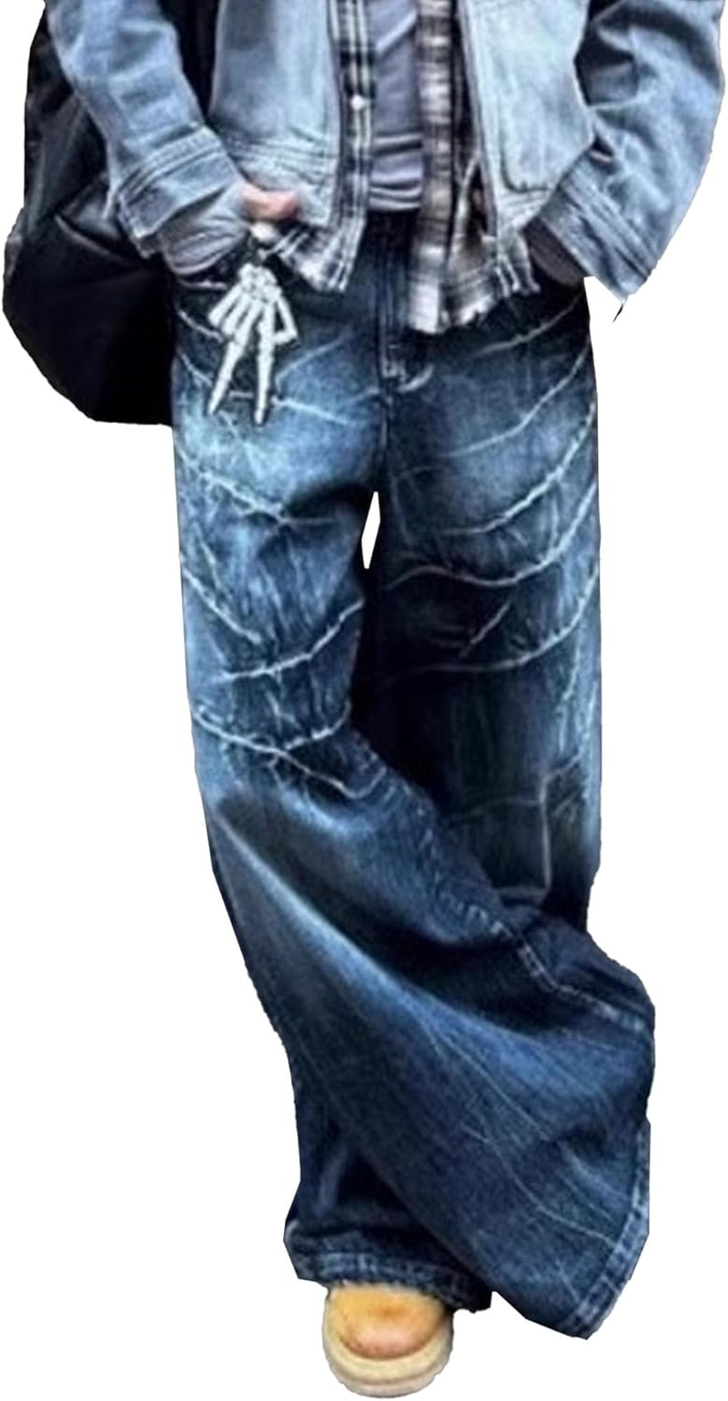 Zylphorix Men Washed Old Wide Leg Jeans Loose Crack Straight Denim Pants Y2K High Street Casual Fashion Trousers, Blue, X-Large image number 3