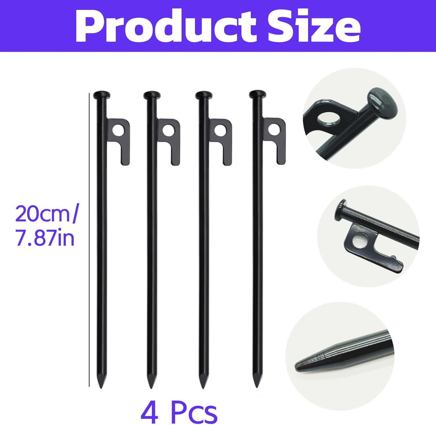 Tent Pegs, 4 Pcs Tent Stake Set, 7.87 Inch Heavy Duty Forged Steel Tent Stakes, for Camping Steel Stakes image number 6