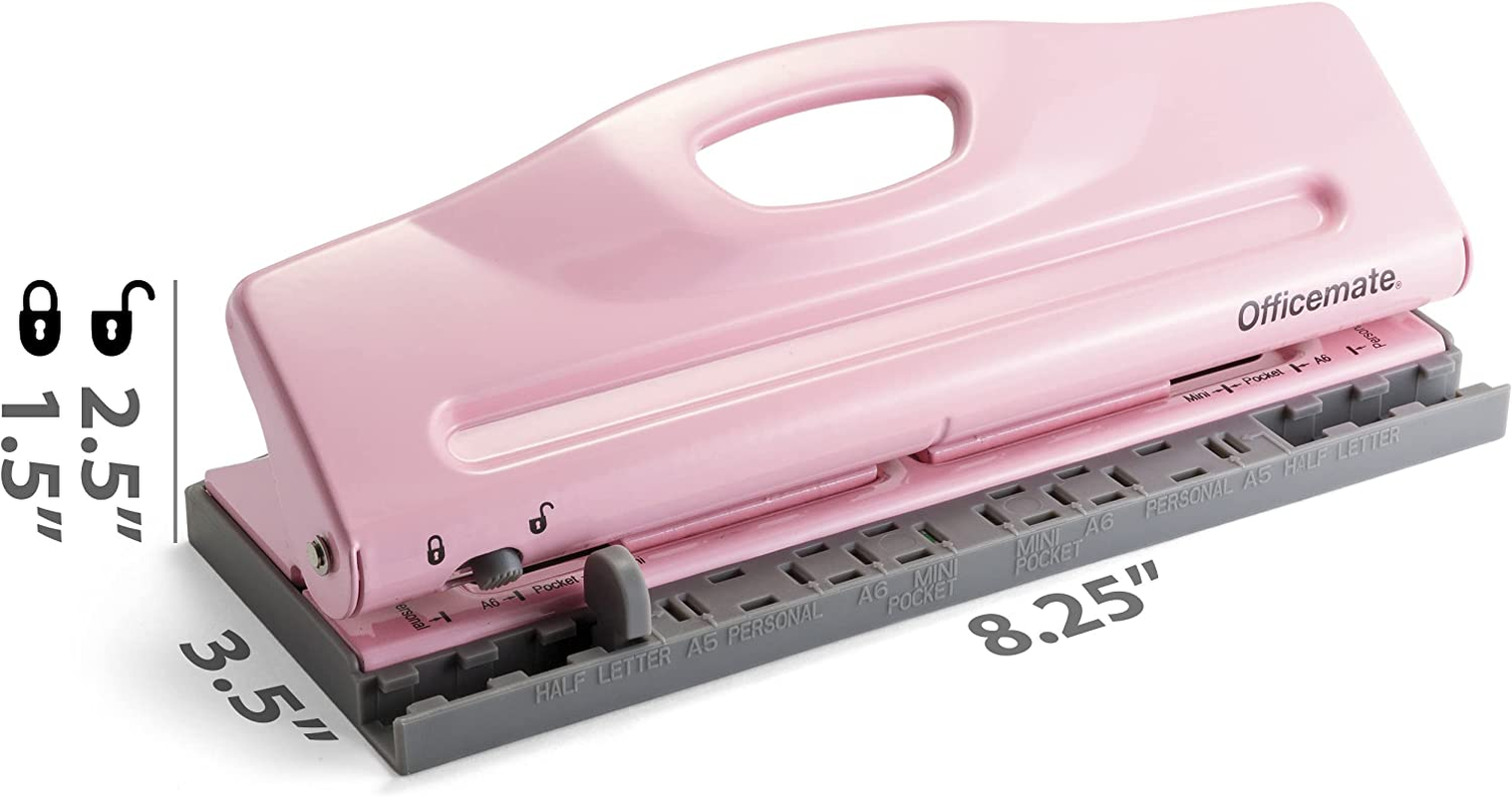 Officemate Adjustable 6-Hole Punch for Planners and Binders, 8 Sheet Capacity, Pink (90161) - Black image number 5