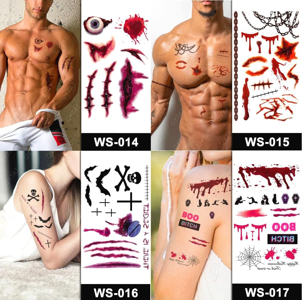 14 Sheets Halloween Tattoos Kids Temporary - Halloween Stickers Waterproof &ndash; Bats Blood Splatter Scratches Spider Webs Vampire Bites - Halloween Stickers for Adults Kids - 21X10Cm - Steadyink&reg; image number 6
