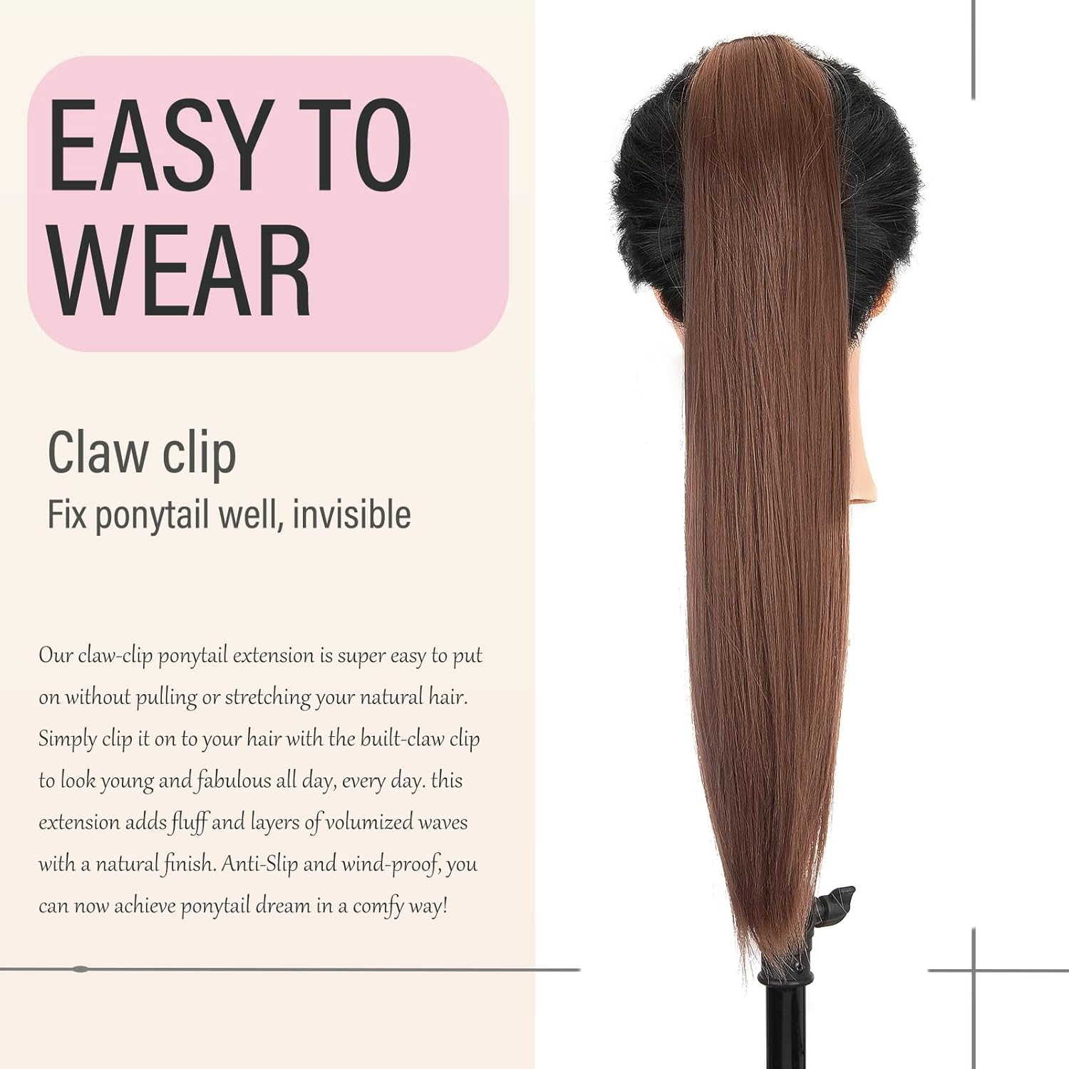Dcbaboo Ponytail Extension Natural Smooth Hair Extension Natural Hair Clip 50 Cm Hairpiece Natural Hair Ponytail Clip Long Synthetic Straight Ponytail Dark Auburn image number 3