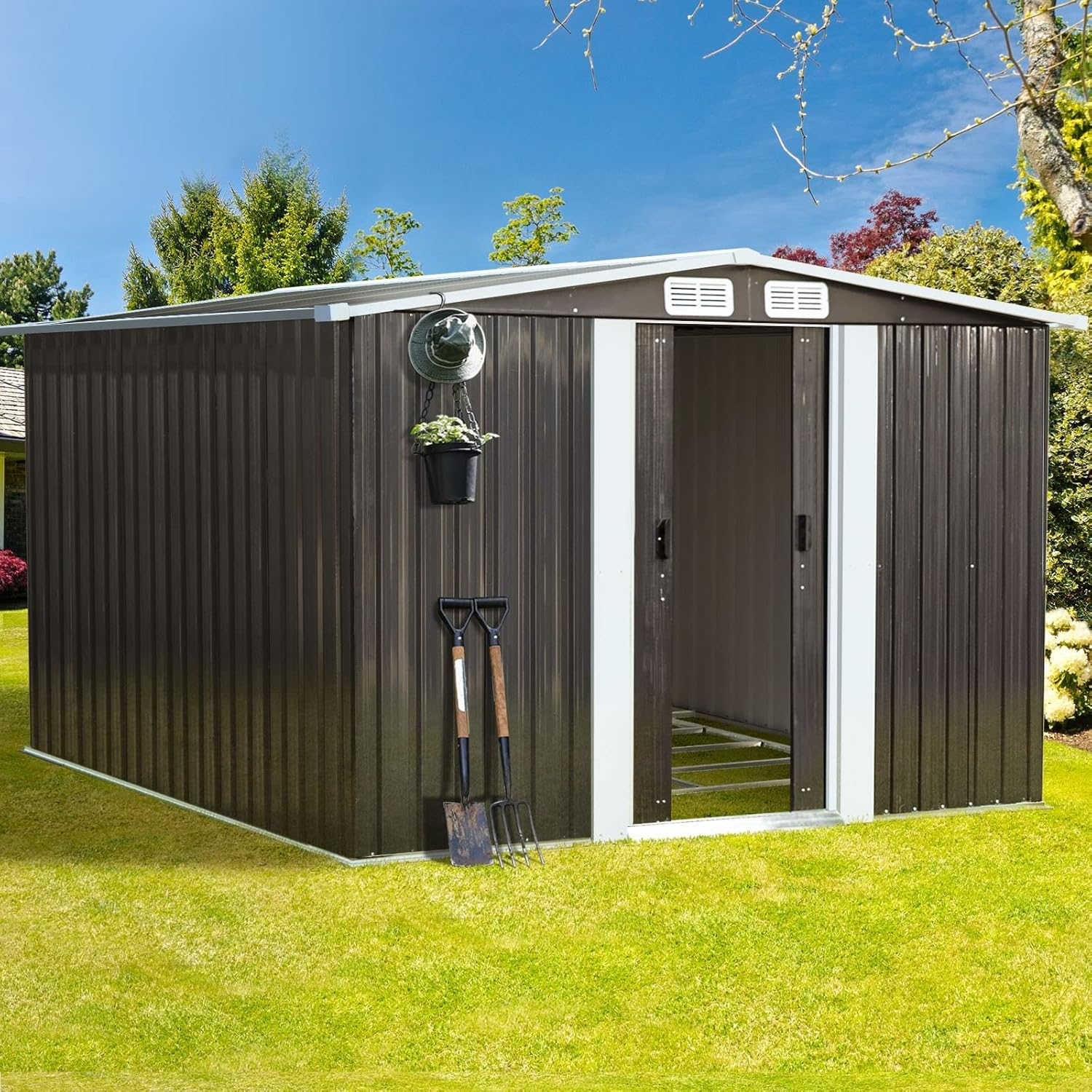 LI LIVSIP Garden Shed with Foundation - Galvanised Steel Outdoor Storage Shed with Double Slopes Roof Air Vent Sliding Doors, for Gardening Tools Bikes, 257X205X178Cm, Lock Included image number 5