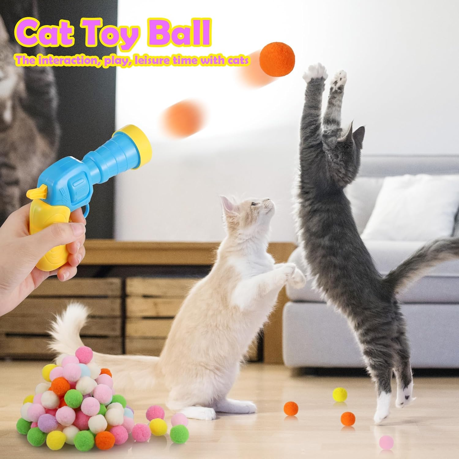 Zocipro Pack of 100 Cat Toy Ball Gun, Interactive Cat Toy with Plastic Start Tool, Interactive Toy for Cats Indoor, Cat Toy Ball (30 Mm) image number 2