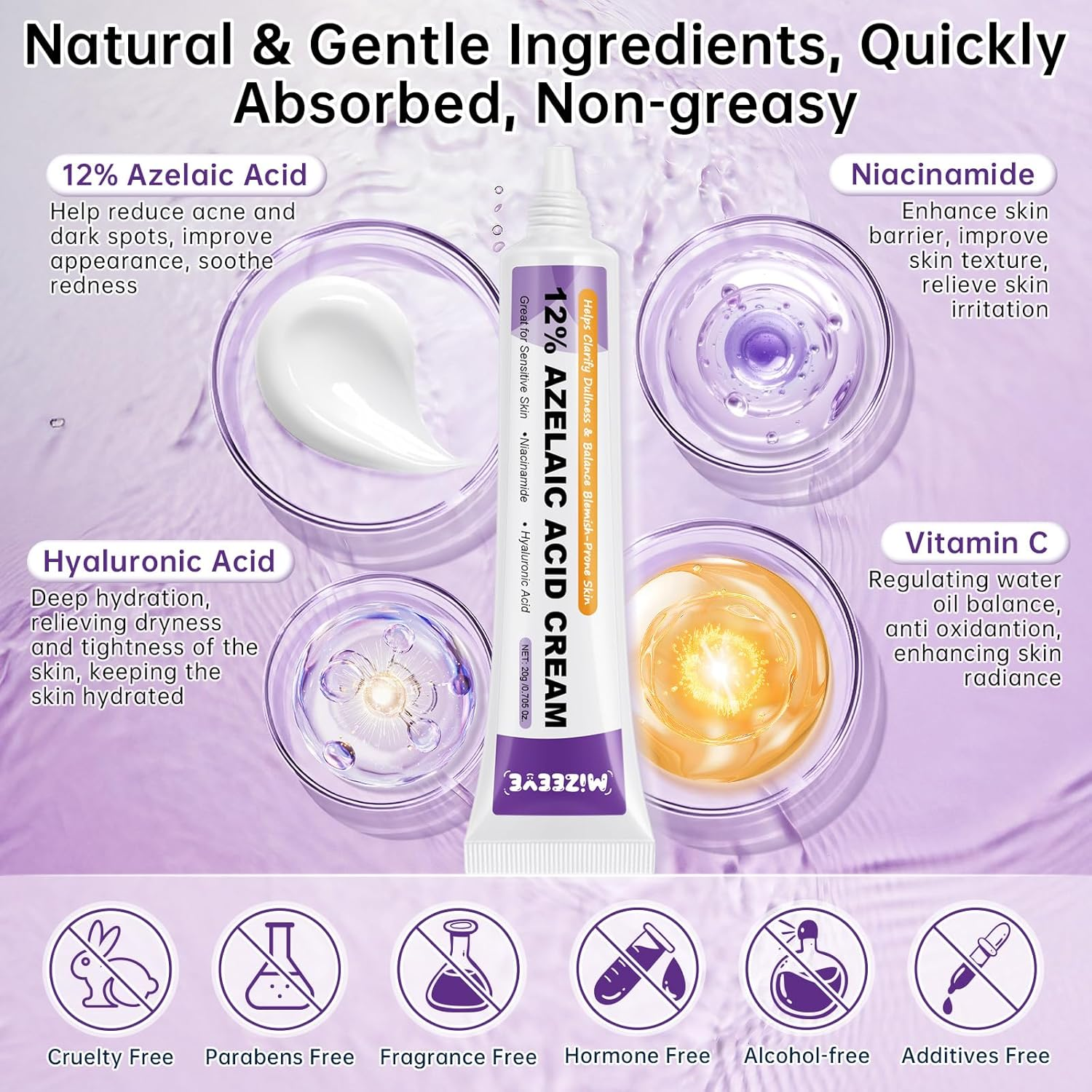 12% Azelaic Acid Cream with Niacinamide & Hyaluronic Acid, Face Moisturizer for Dark Spots, Acne, Redness & Pore Care, Azelaic Acid Serum for Sensitive Skin, Balances Oil, 20 G image number 2