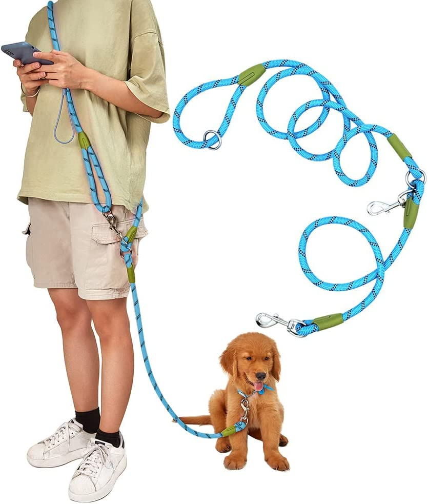 Hands Free Dog Leash Waist & Crossbody Rope with Slip Lead Durable for 2 Dogs Nylon Reflective Heavy Duty Hiking Bungee Leash for Small Large Dogs (Black)