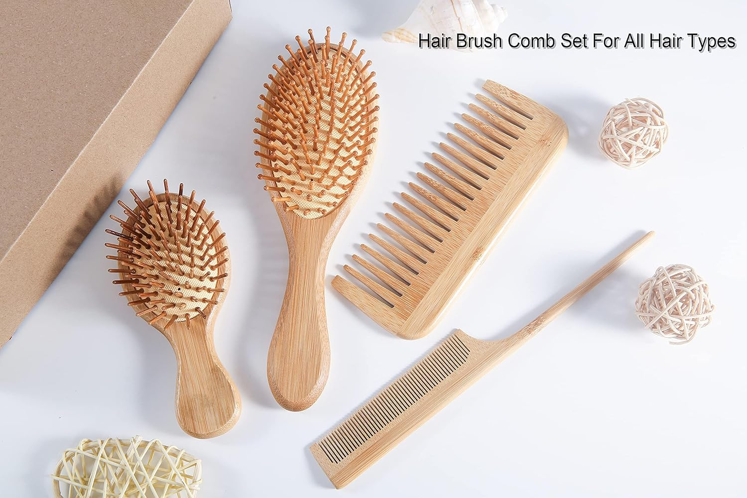 Heatunk Eco-Friendly Hair Brush Comb Set - Anti-Static Detangling for Women and Men - Tail Comb, Tooth Comb, Large & Mini Wooden Massage Brushes for All Hair Types image number 4