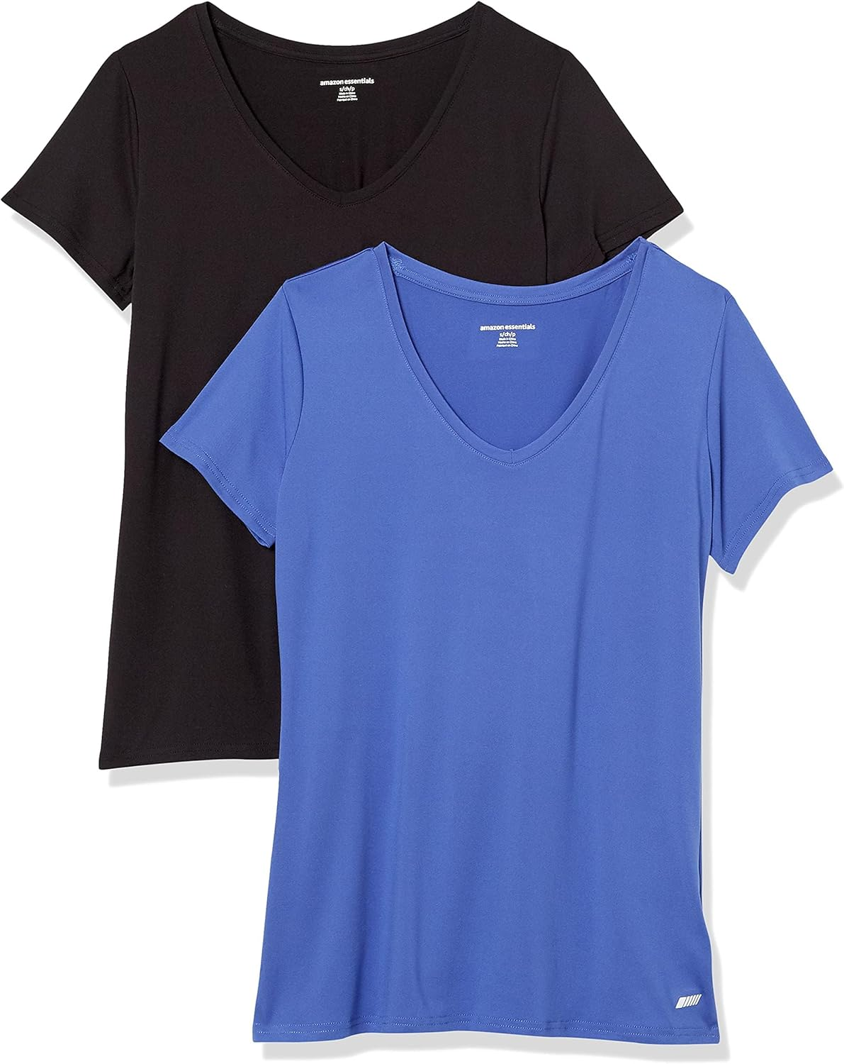 Amazon Essentials Women'S Tech Stretch Short-Sleeve V-Neck T-Shirt (Available in plus Size), Pack of 2, Black/Bright Blue, Large image number 4