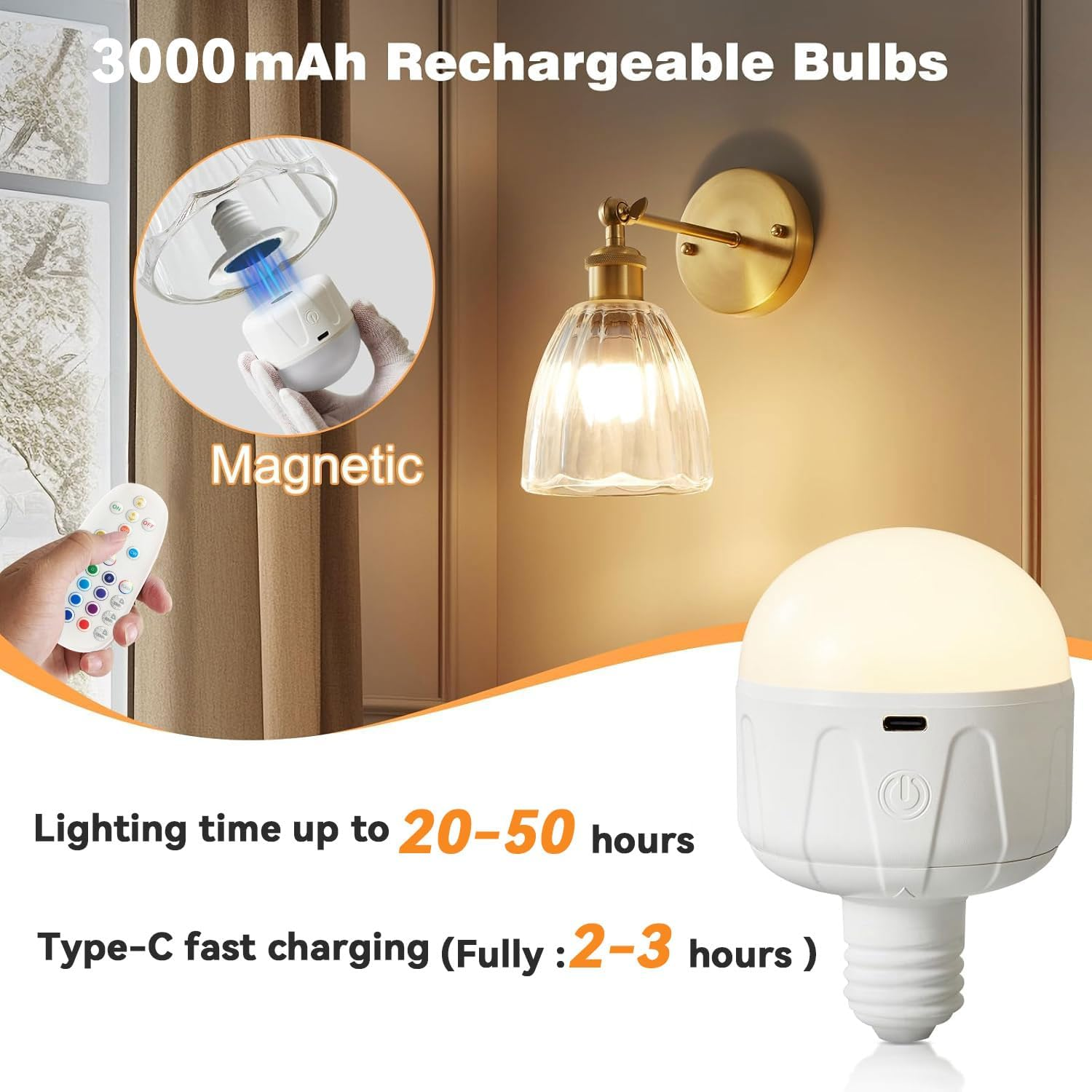 Battery Operated Wall Sconces Set of 2, Glass Lampshade Rechargeable Wall Light with Dimmable RGB Bulbs, Wireless Wall Sconces with Adjustable Lighting Angle for Bedroom, Bathroom, Hallway, Doorway image number 4