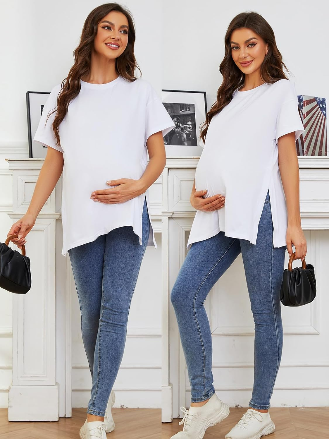 Ecavus Maternity Shirts Long Sleeve Cross V-Neck Comfy Stretchy Maternity Nursing Tops image number 1