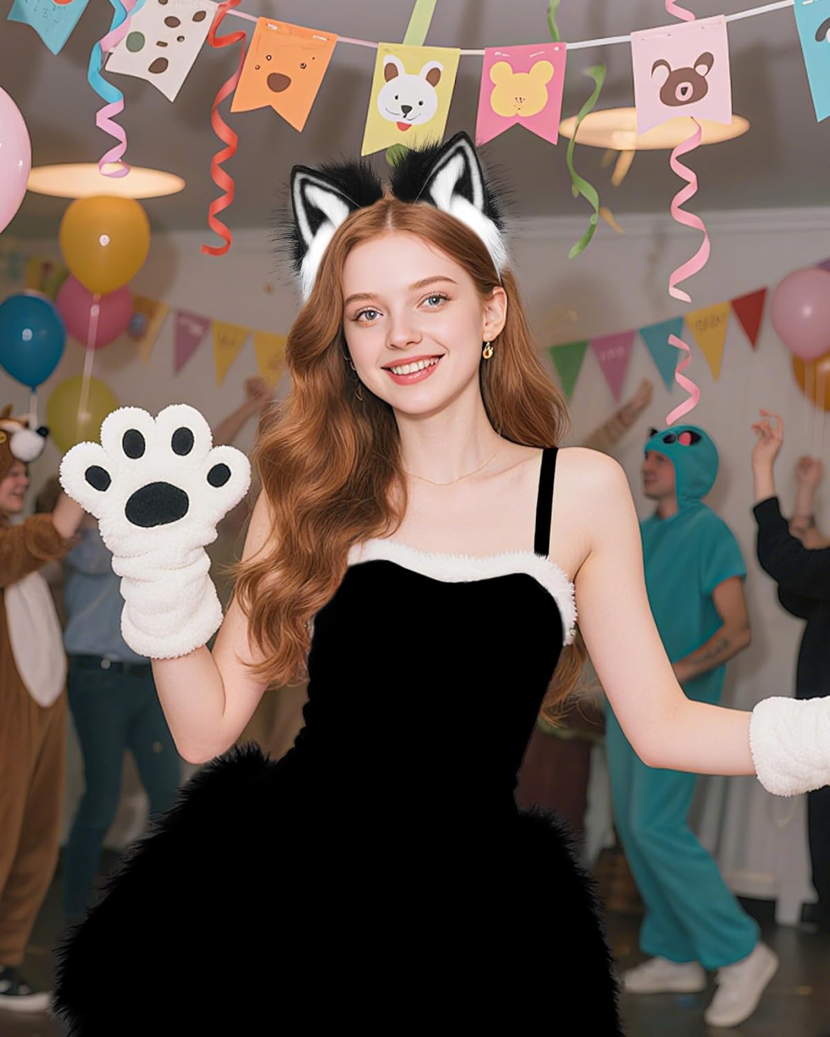 Furry Fox Wolf Cat Ears Headwear Women Men Cosplay Costume Party Cute Head Accessories for Halloween - Grey Black image number 3