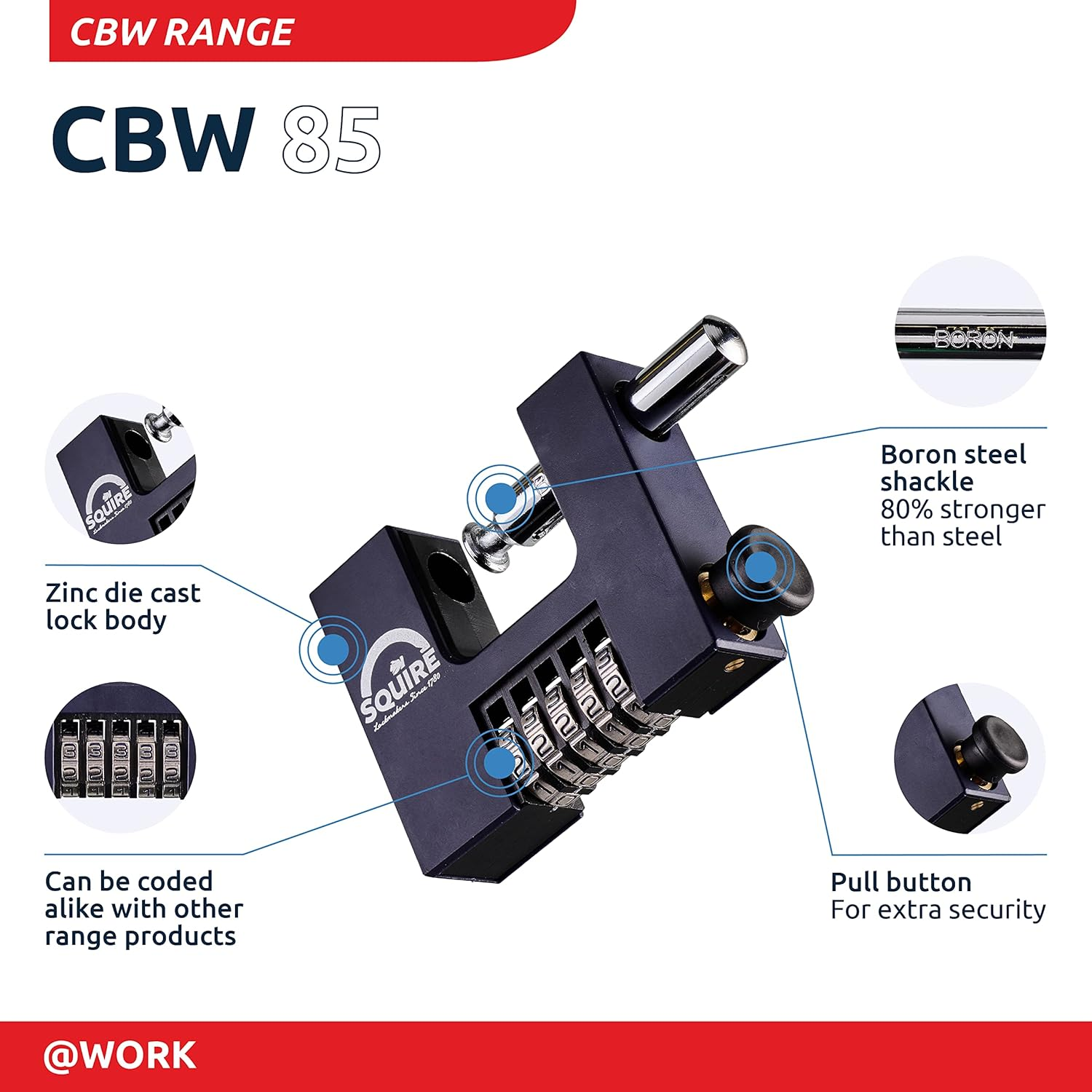 Squire Heavy Duty Padlock (CBW85) - 5 Wheel Combination - Alloy Steel for Corrosion Resistance - Ideal for Gates, Garages and Large Sheds (Blue, 85 Mm) image number 4