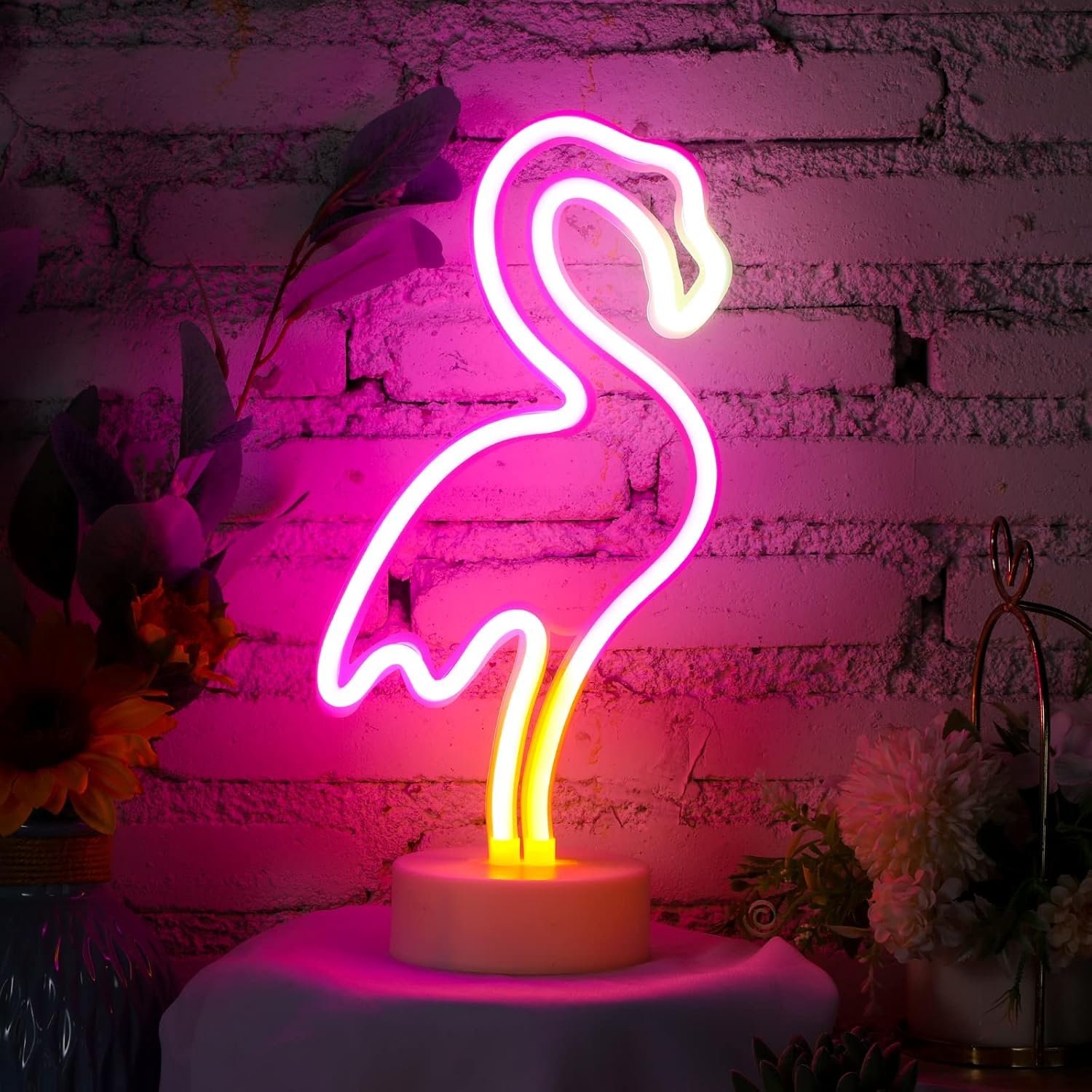 Liliful 3 Pcs Neon Sign Pineapple Neon Lights Sign Pink Flamingo Neon Lights Palm Tree Neon Sign Battery USB Powered Neon Lights Birthday Gifts with Pedestal for Girls Kids Bedroom Hawaiian Party image number 4