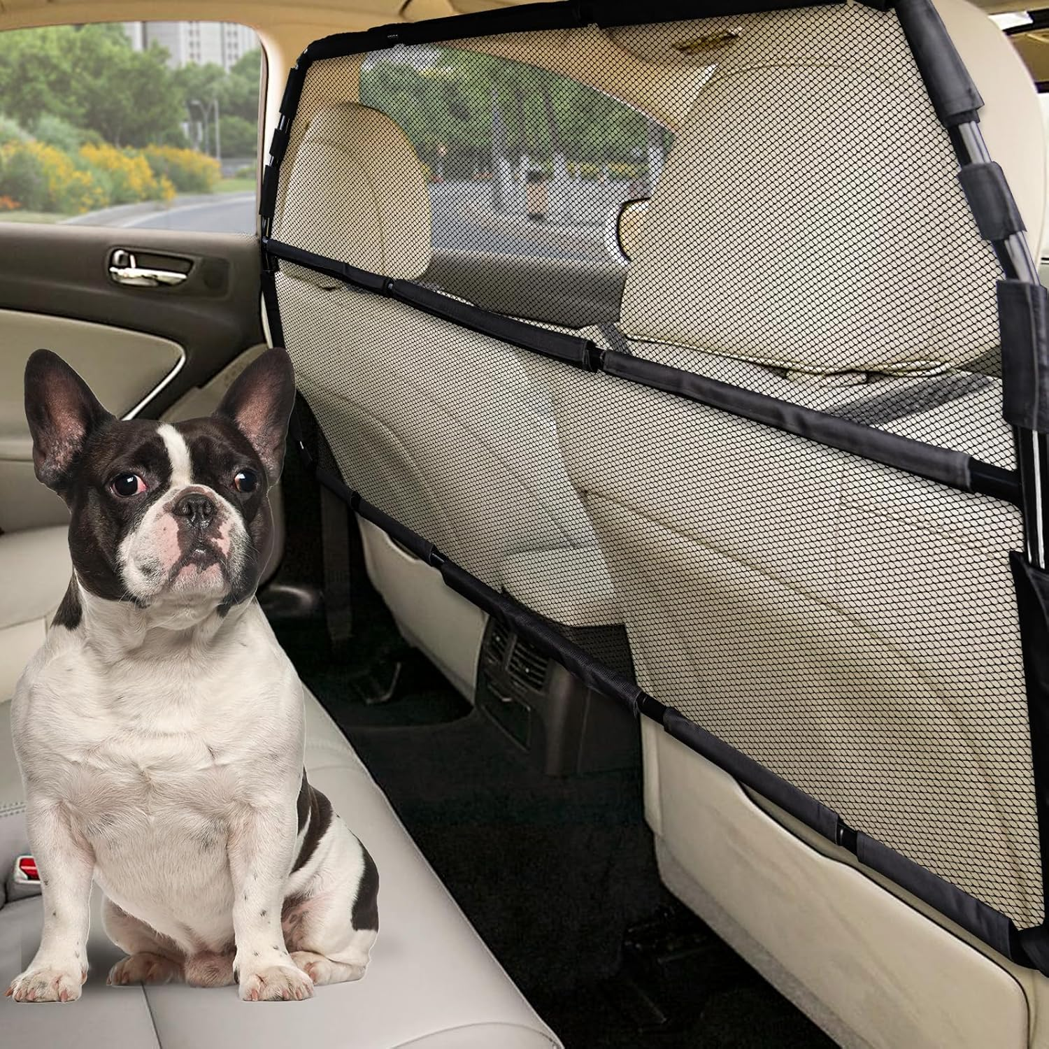 Dog Car Barrier Escape-Proof, 50" Wide Car Divider for 2Nd 3Rd Row Seats & Cargo Area, Durable Back Seat Car Gate Trunk Barrier with See through Net Mesh for Small Trucks & SUV & Mid-Sized Vehicle image number 1