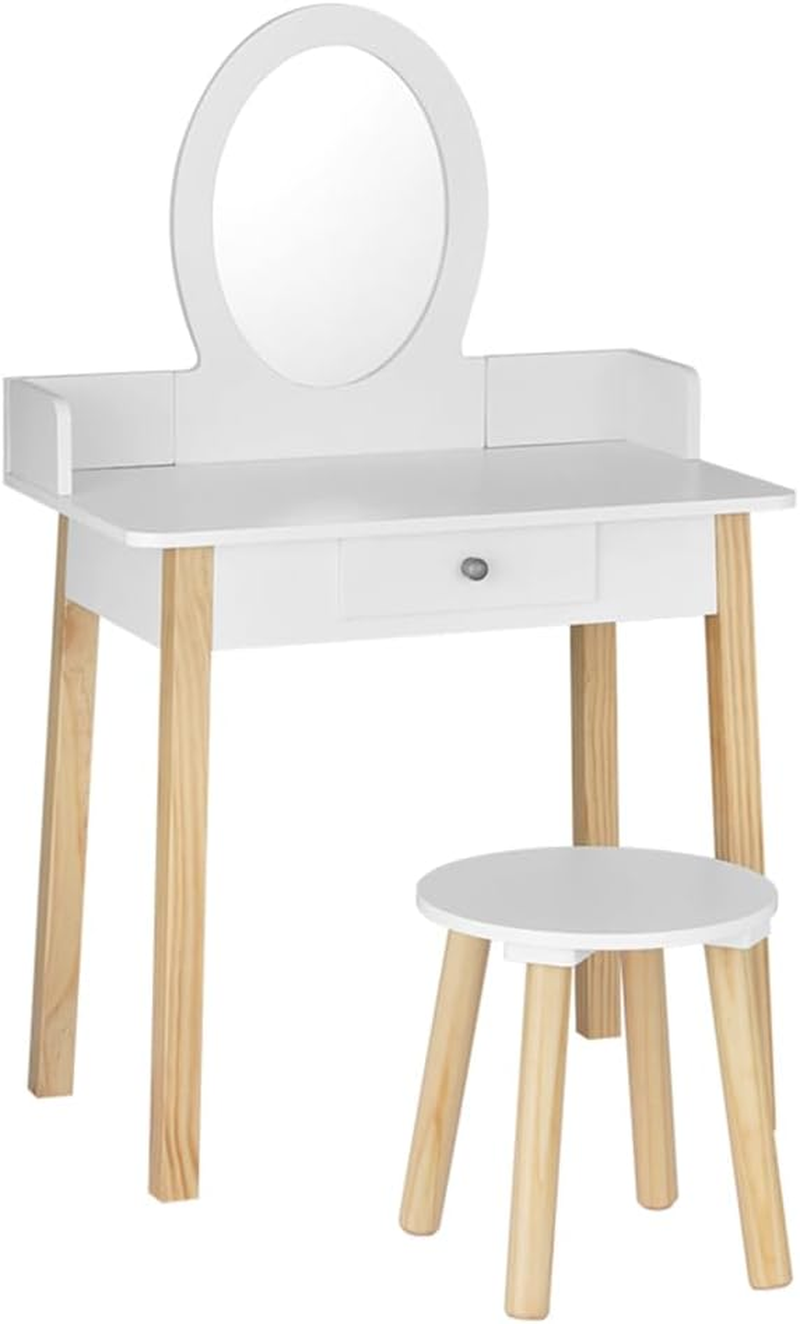 Keezi Kids Vanity Dressing Table Stool Set with Mirror Drawer, 2 in 1 Children Dresser Makeup Desk Chair for Girls Bedroom Furniture, MDF Board Smooth Surface with 4 Wooden Legs White image number 4