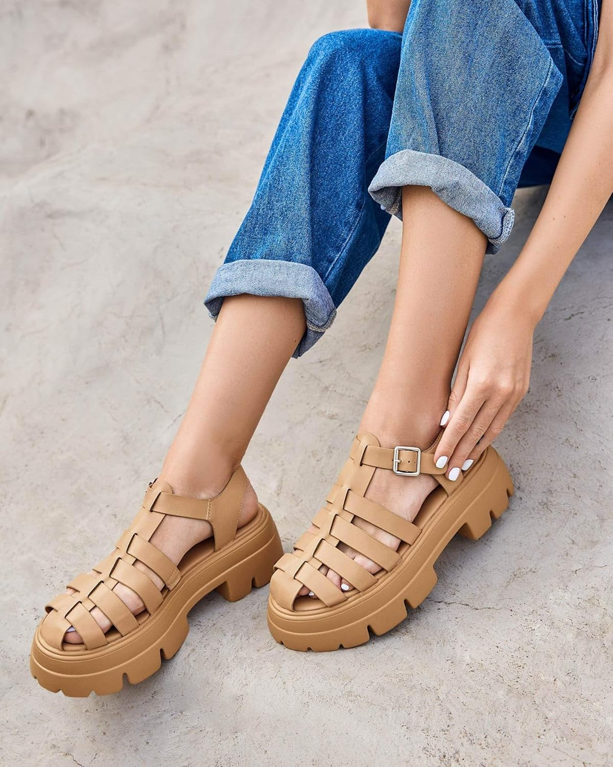 Coutgo Womens Platform Chunky Heels Sandals Gladiator Ankle Strap Heels Lug Sole Summer Fisherman Y2K Shoes