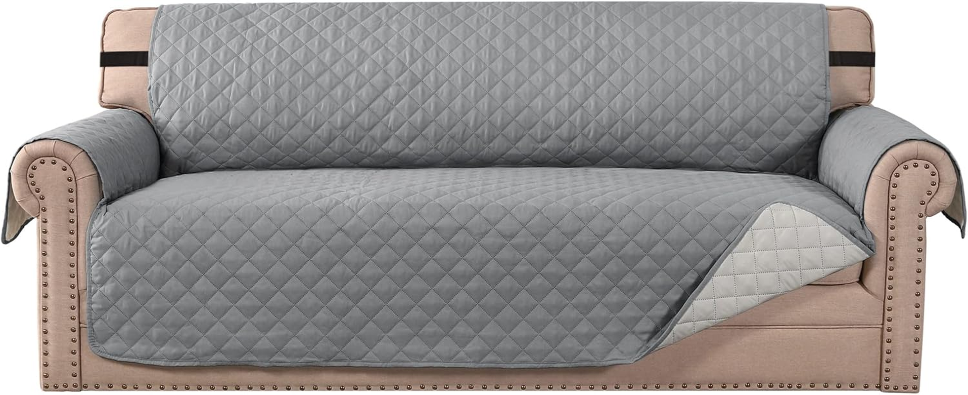 H.VERSAILTEX Sofa Slipcover Reversible Sofa Cover Water Resistant Couch Cover with Adjustable Straps, Washable Couch Cover for Kids, Dogs, Pets (3 Seater Sofa, Grey/Beige)