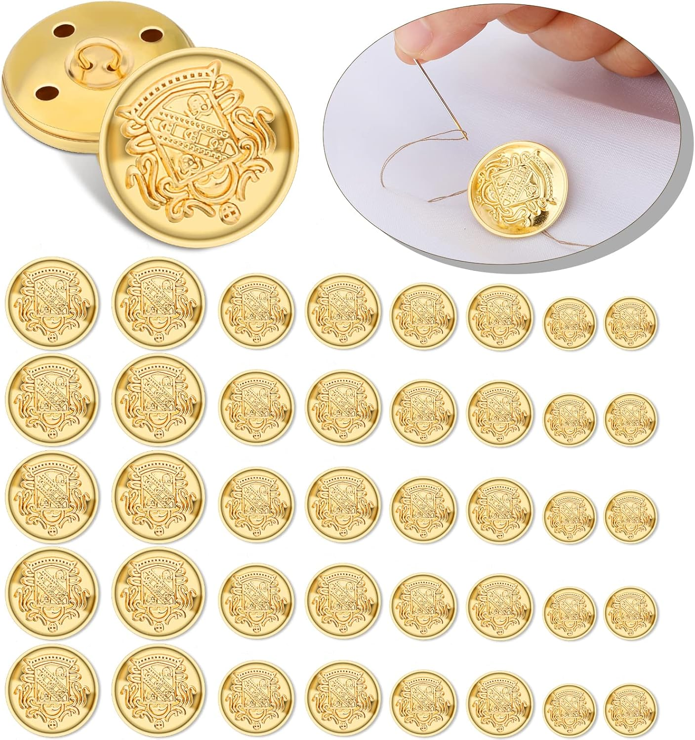 40 Pcs Metal Blazer Button Set - Vintage Gold Sewing Buttons with Emblem Shank for Suits, Sport Coat, Uniform Jacket - Brass 15Mm 18Mm 21Mm 25Mm image number 1